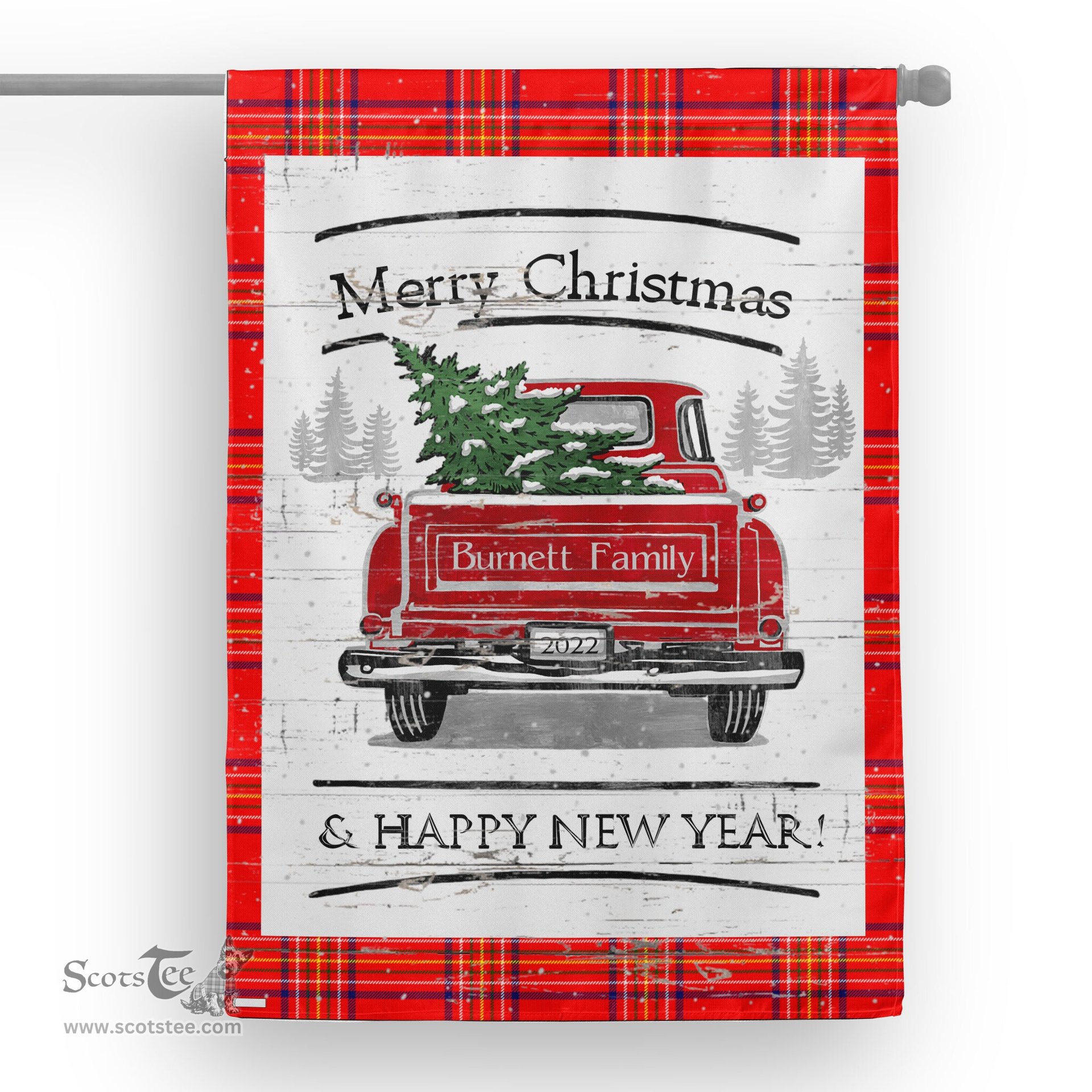Tartan House Flag Vintage Red Truck with Christmas Tree Family Scottish Clan Burnett Modern Tartan Flag, Tartan Garden Flag, Tartan House Flag, Tartan Flag, Crest Garden Flag, Garden Flag, Ireland Garden Flag, Family Crest, Custom Flag, Custom Garden Flag, Ireland Custom Flag, Clan Tartan Flags