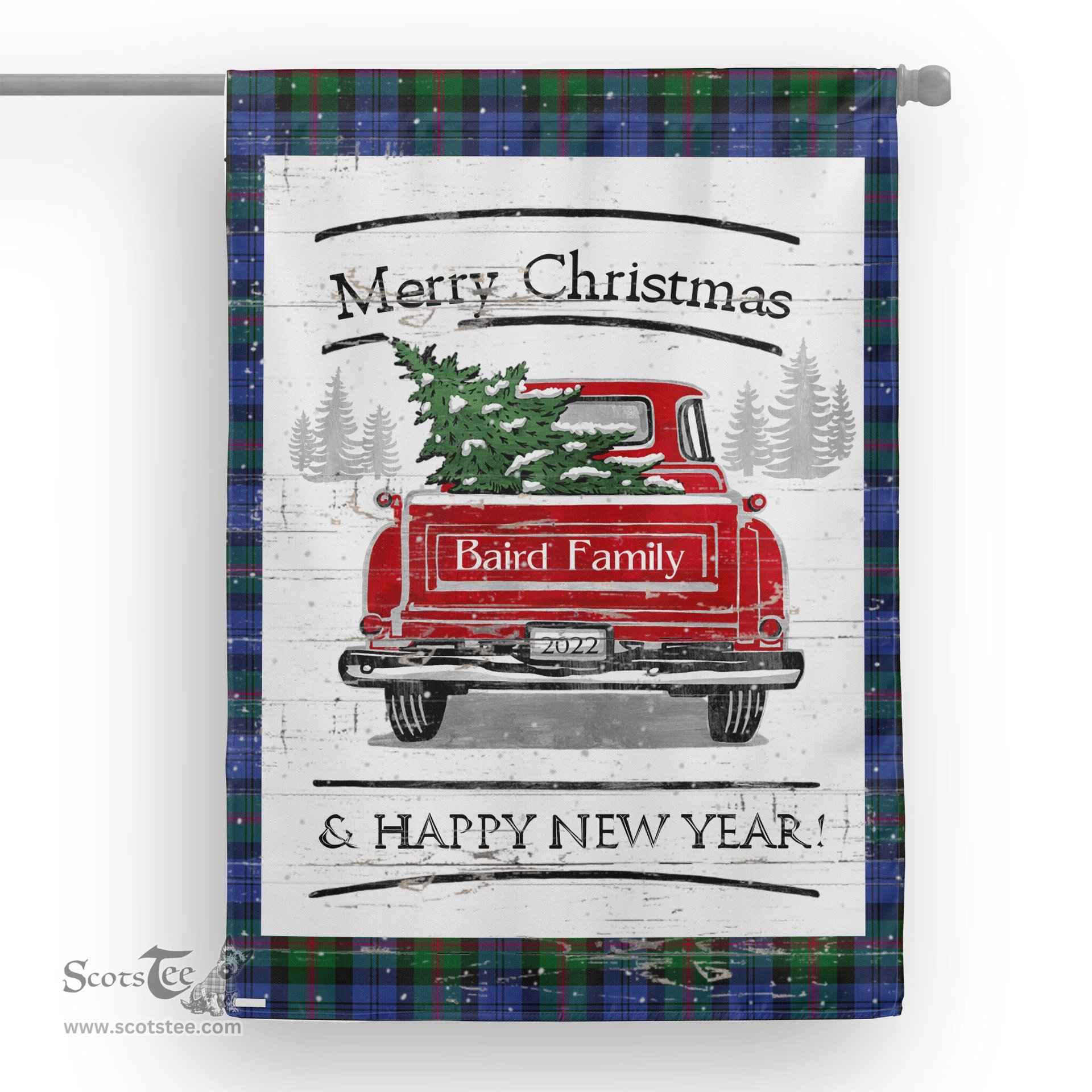 Tartan House Flag Vintage Red Truck with Christmas Tree Family Scottish Clan Baird Modern Tartan Flag, Tartan Garden Flag, Tartan House Flag, Tartan Flag, Crest Garden Flag, Garden Flag, Ireland Garden Flag, Family Crest, Custom Flag, Custom Garden Flag, Ireland Custom Flag, Clan Tartan Flags
