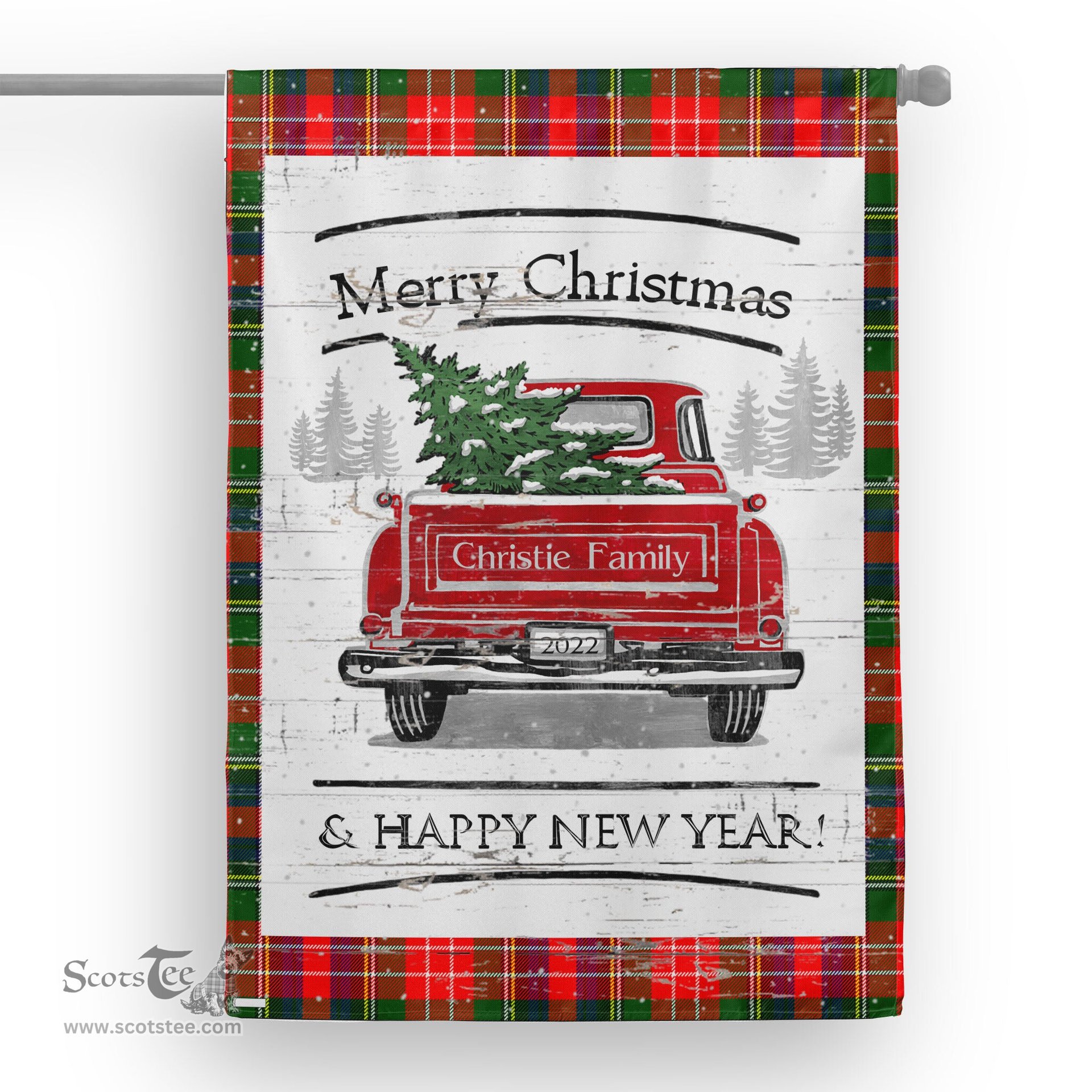 Tartan House Flag Vintage Red Truck with Christmas Tree Family Scottish Clan Christie Tartan Flag, Tartan Garden Flag, Tartan House Flag, Tartan Flag, Crest Garden Flag, Garden Flag, Ireland Garden Flag, Family Crest, Custom Flag, Custom Garden Flag, Ireland Custom Flag, Clan Tartan Flags