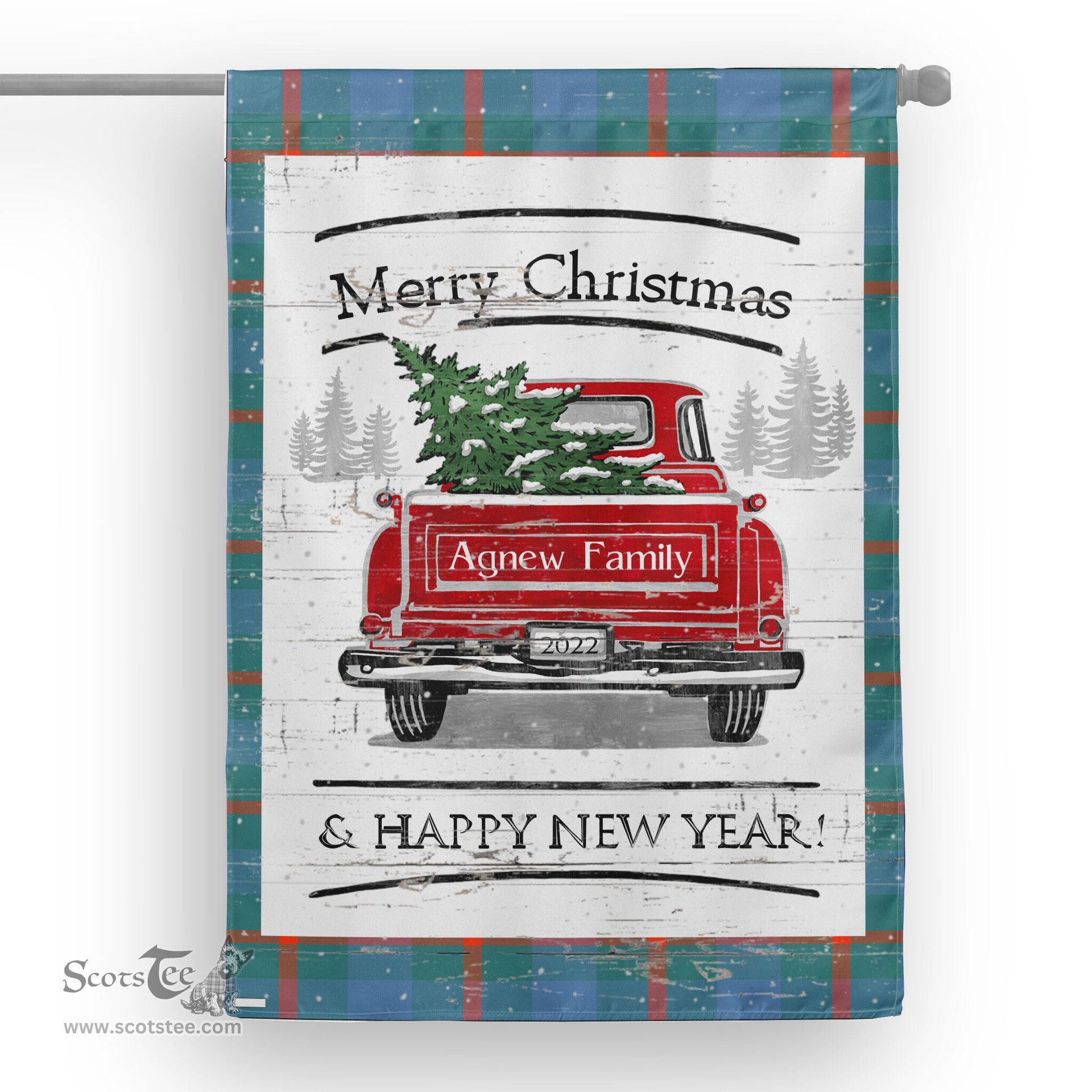 Tartan House Flag Vintage Red Truck with Christmas Tree Family Scottish Clan Agnew Ancient Tartan Flag, Tartan Garden Flag, Tartan House Flag, Tartan Flag, Crest Garden Flag, Garden Flag, Ireland Garden Flag, Family Crest, Custom Flag, Custom Garden Flag, Ireland Custom Flag, Clan Tartan Flags