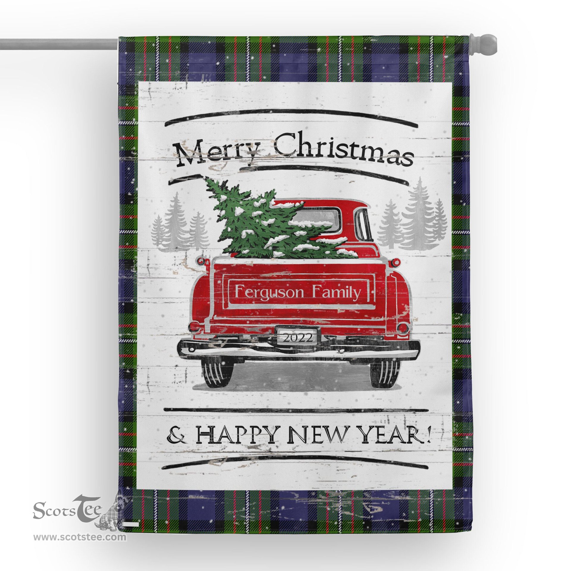 Tartan House Flag Vintage Red Truck with Christmas Tree Family Scottish Clan Ferguson Tartan Flag, Tartan Garden Flag, Tartan House Flag, Tartan Flag, Crest Garden Flag, Garden Flag, Ireland Garden Flag, Family Crest, Custom Flag, Custom Garden Flag, Ireland Custom Flag, Clan Tartan Flags