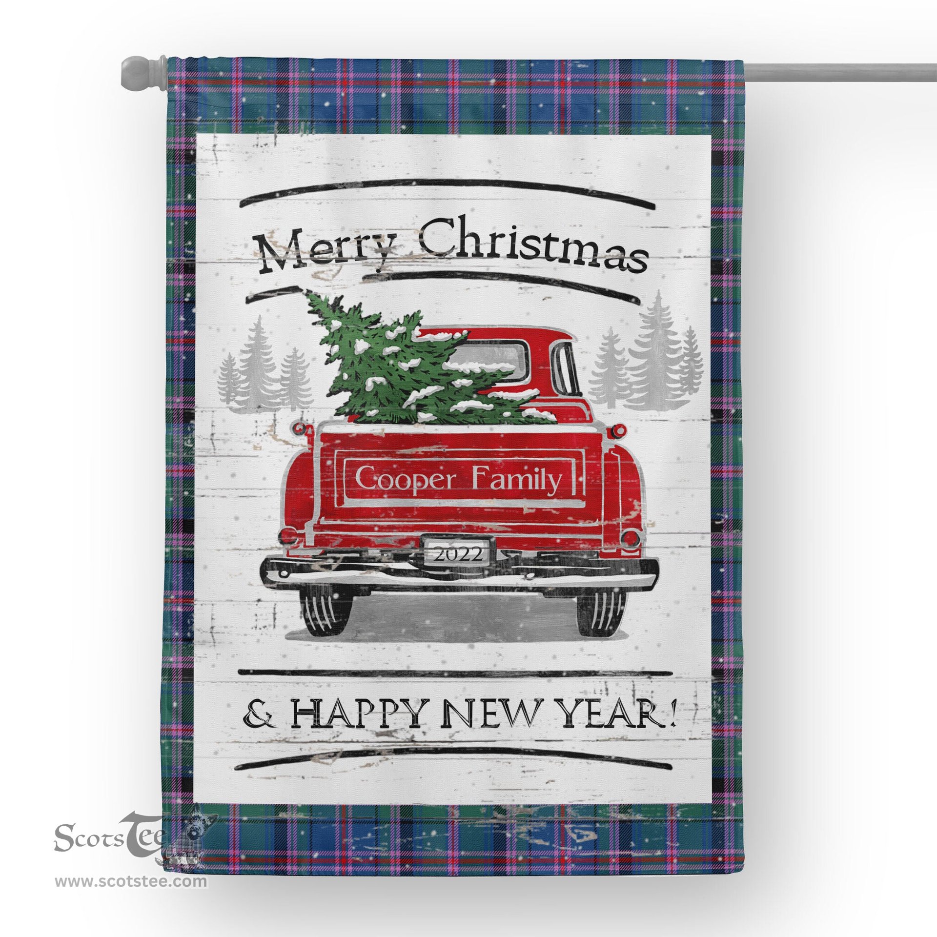 Tartan House Flag Vintage Red Truck with Christmas Tree Family Scottish Clan Cooper Tartan lag