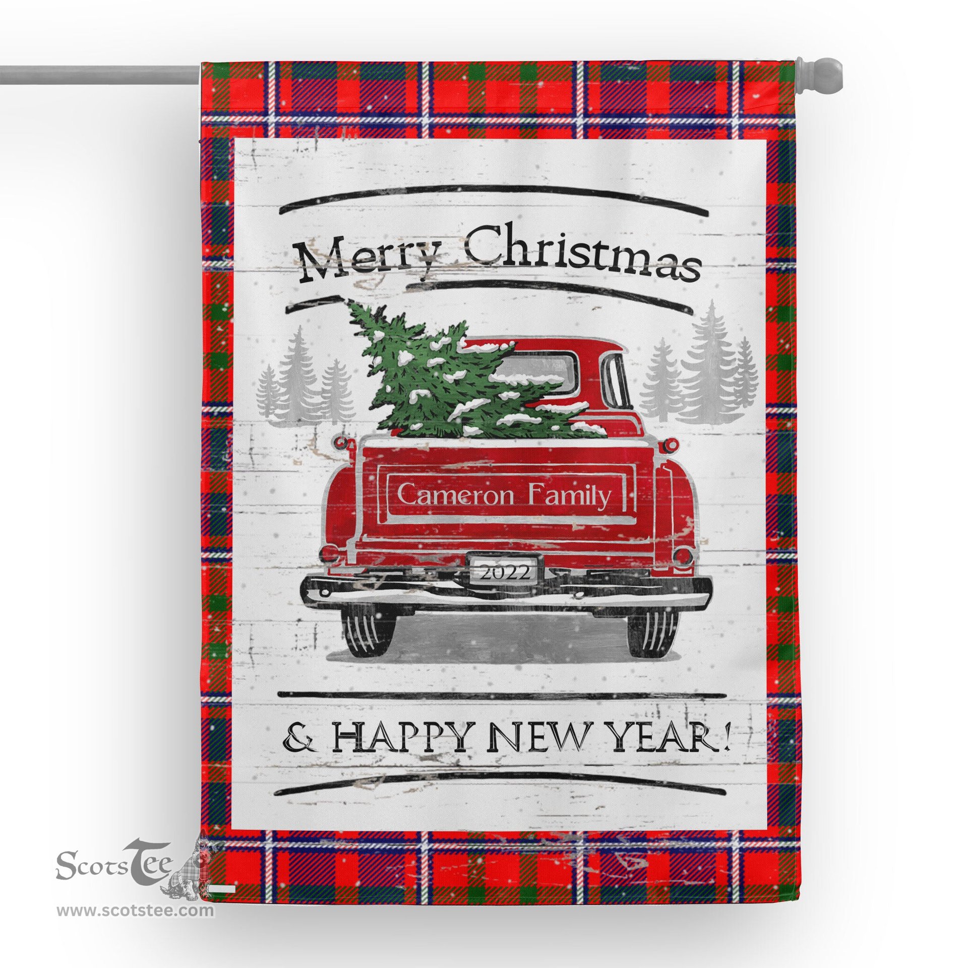 Tartan House Flag Vintage Red Truck with Christmas Tree Family Scottish Clan Cameron Of Lochiel Modern Tartan Flag, Tartan Garden Flag, Tartan House Flag, Tartan Flag, Crest Garden Flag, Garden Flag, Ireland Garden Flag, Family Crest, Custom Flag, Custom Garden Flag, Ireland Custom Flag, Clan Tartan Flags
