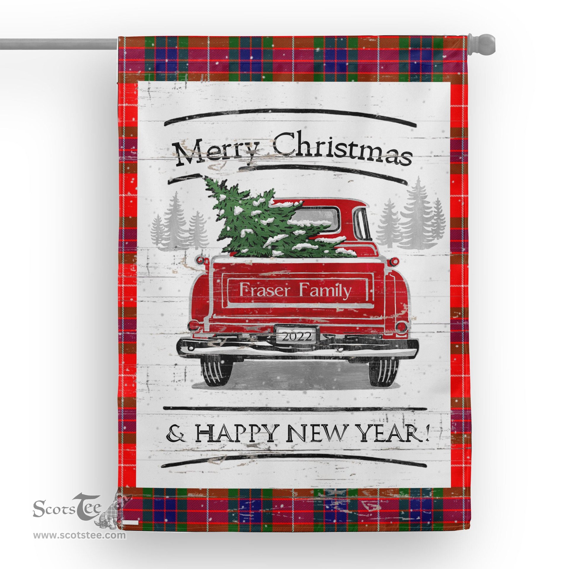Tartan House Flag Vintage Red Truck with Christmas Tree Family Scottish Clan Fraser Modern Tartan Flag, Tartan Garden Flag, Tartan House Flag, Tartan Flag, Crest Garden Flag, Garden Flag, Ireland Garden Flag, Family Crest, Custom Flag, Custom Garden Flag, Ireland Custom Flag, Clan Tartan Flags