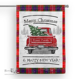 Tartan House Flag Vintage Red Truck with Christmas Tree Family Scottish Clan Fraser Modern Tartan Flag, Tartan Garden Flag, Tartan House Flag, Tartan Flag, Crest Garden Flag, Garden Flag, Ireland Garden Flag, Family Crest, Custom Flag, Custom Garden Flag, Ireland Custom Flag, Clan Tartan Flags