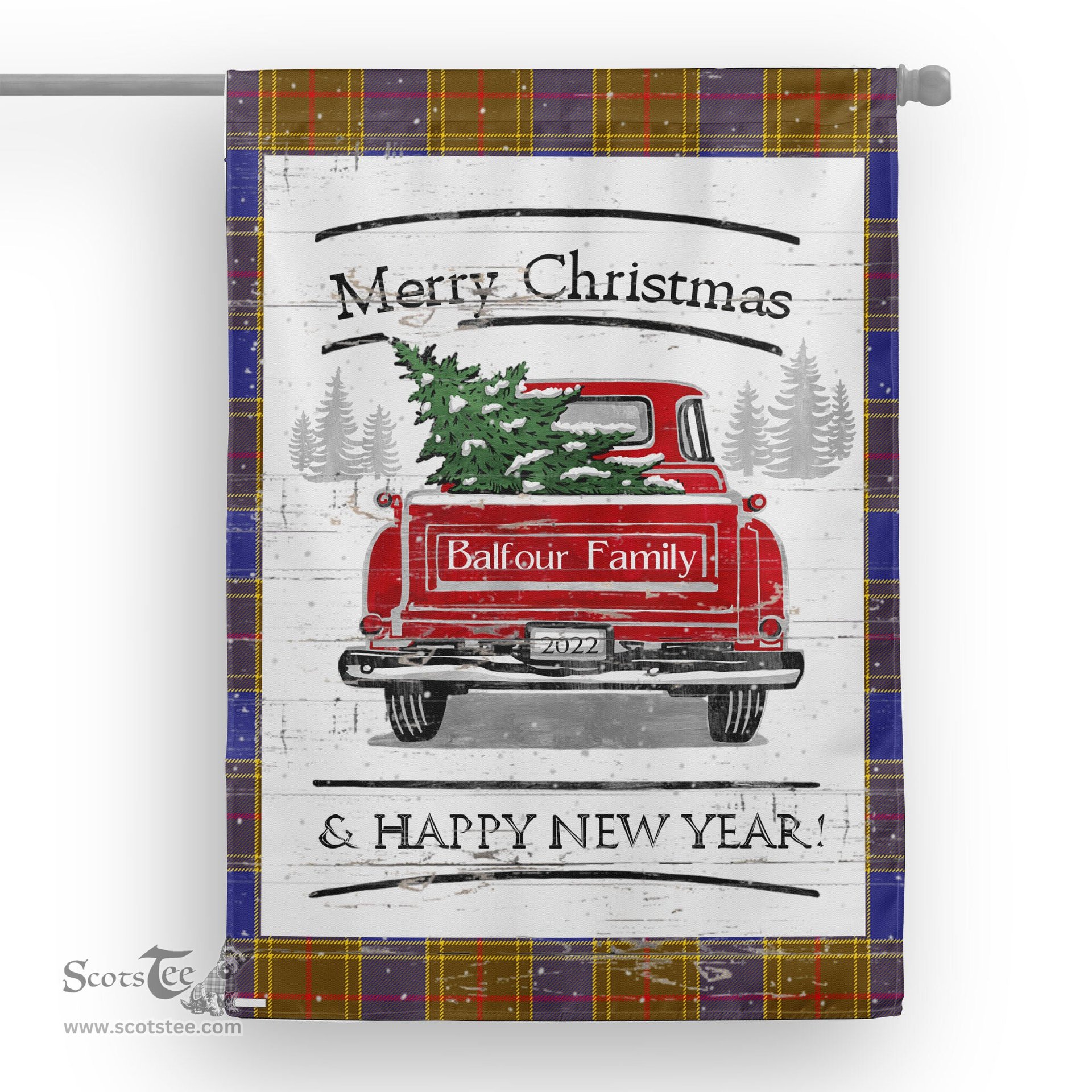 Tartan House Flag Vintage Red Truck with Christmas Tree Family Scottish Clan Balfour Modern Tartan Flag, Tartan Garden Flag, Tartan House Flag, Tartan Flag, Crest Garden Flag, Garden Flag, Ireland Garden Flag, Family Crest, Custom Flag, Custom Garden Flag, Ireland Custom Flag, Clan Tartan Flags