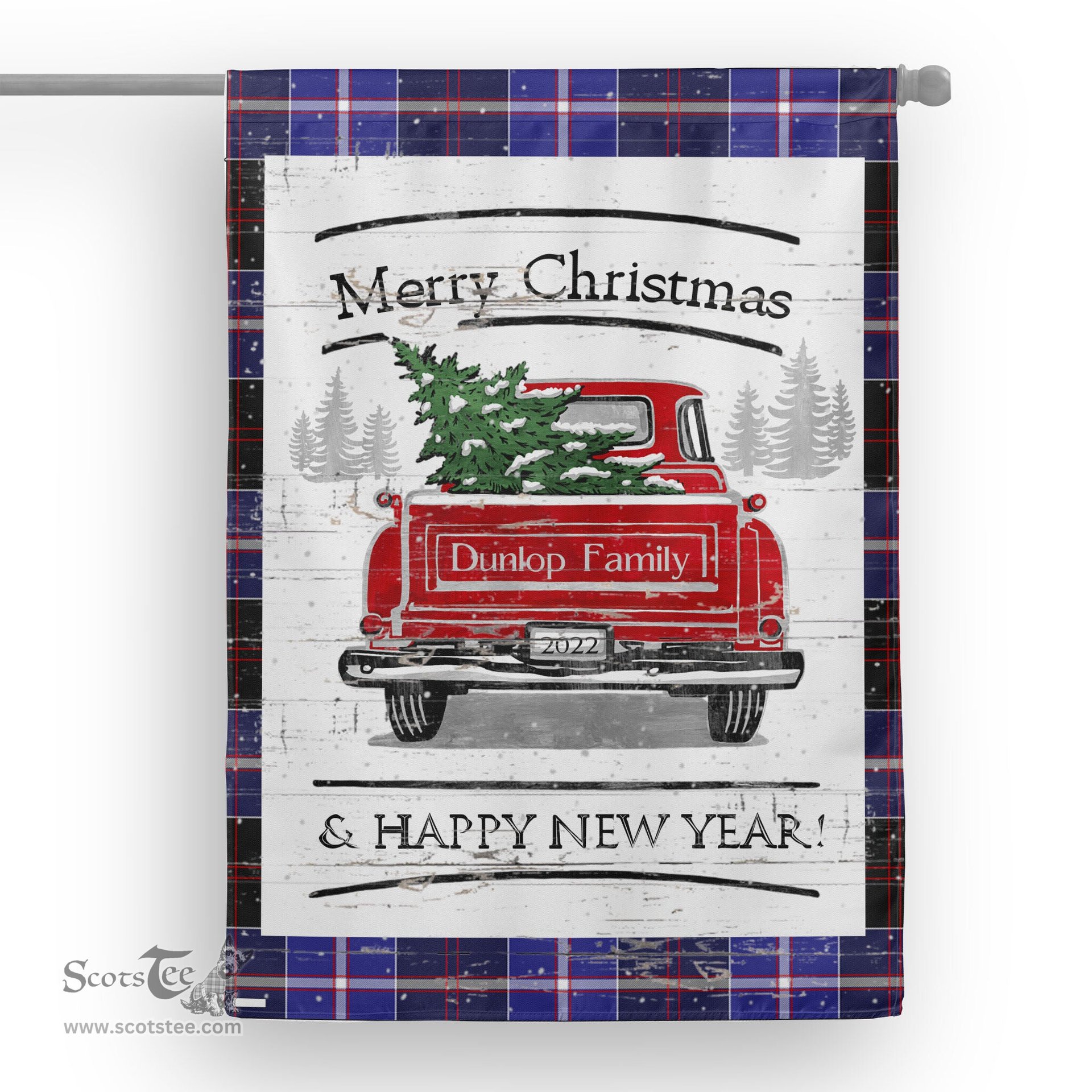 Tartan House Flag Vintage Red Truck with Christmas Tree Family Scottish Clan Dunlop Modern Tartan Flag, Tartan Garden Flag, Tartan House Flag, Tartan Flag, Crest Garden Flag, Garden Flag, Ireland Garden Flag, Family Crest, Custom Flag, Custom Garden Flag, Ireland Custom Flag, Clan Tartan Flags