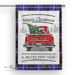 Tartan House Flag Vintage Red Truck with Christmas Tree Family Scottish Clan Dunlop Modern Tartan Flag, Tartan Garden Flag, Tartan House Flag, Tartan Flag, Crest Garden Flag, Garden Flag, Ireland Garden Flag, Family Crest, Custom Flag, Custom Garden Flag, Ireland Custom Flag, Clan Tartan Flags