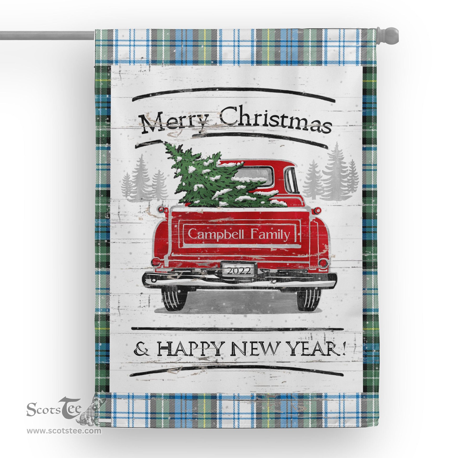 Tartan House Flag Vintage Red Truck with Christmas Tree Family Scottish Clan Campbell Dress Ancient Tartan Flag, Tartan Garden Flag, Tartan House Flag, Tartan Flag, Crest Garden Flag, Garden Flag, Ireland Garden Flag, Family Crest, Custom Flag, Custom Garden Flag, Ireland Custom Flag, Clan Tartan Flags