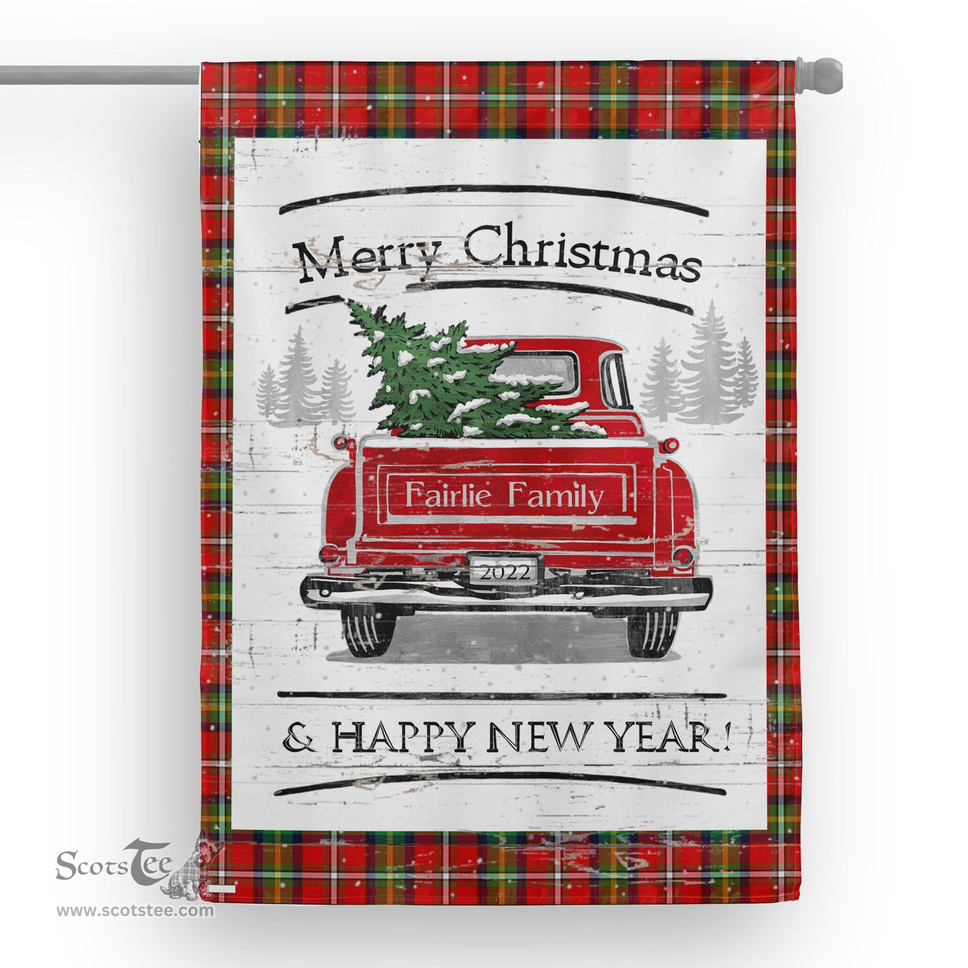 Tartan House Flag Vintage Red Truck with Christmas Tree Family Scottish Clan Fairlie Tartan Flag, Tartan Garden Flag, Tartan House Flag, Tartan Flag, Crest Garden Flag, Garden Flag, Ireland Garden Flag, Family Crest, Custom Flag, Custom Garden Flag, Ireland Custom Flag, Clan Tartan Flags