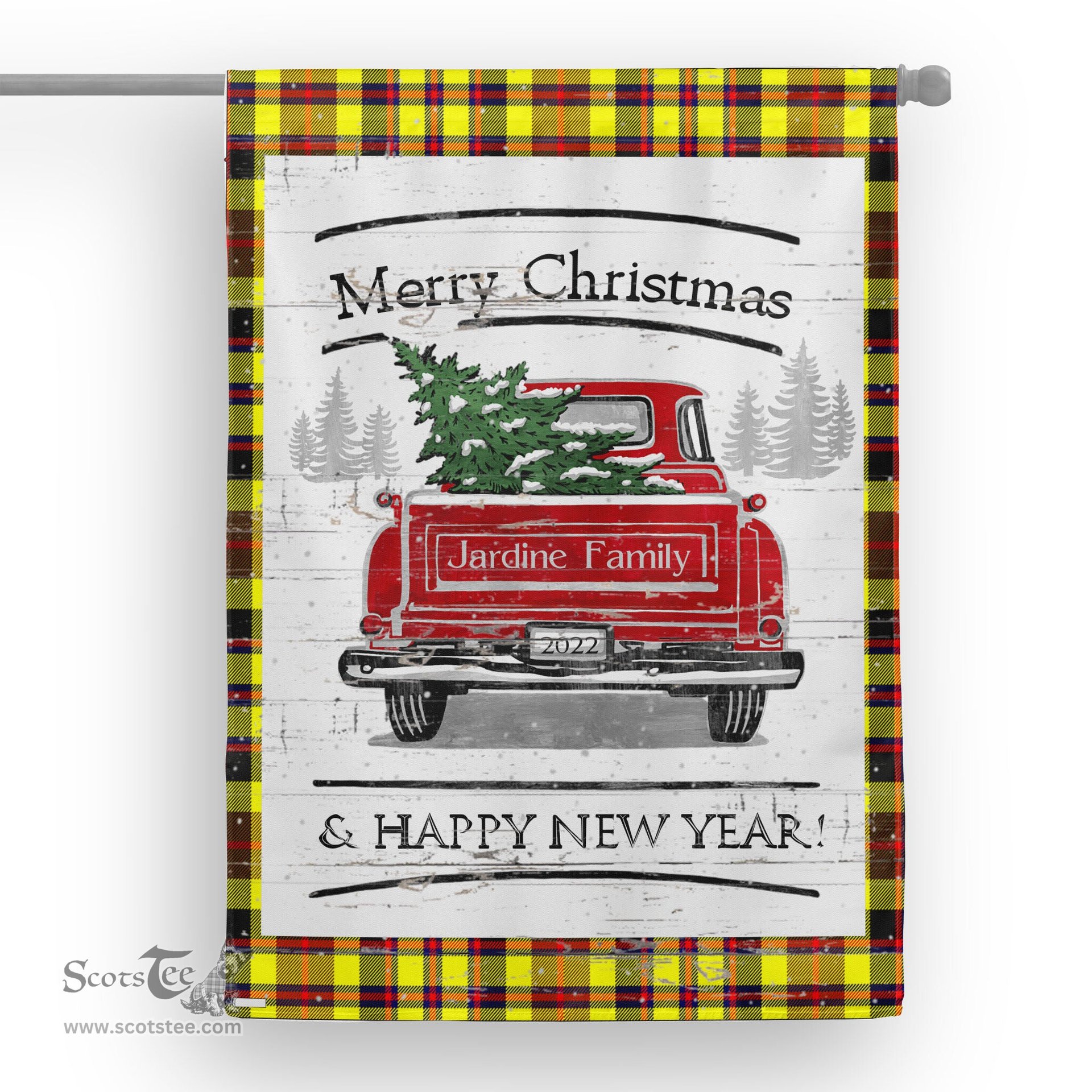 Tartan House Flag Vintage Red Truck with Christmas Tree Family Scottish Clan Jardine Yellow Tartan Flag, Tartan Garden Flag, Tartan House Flag, Tartan Flag, Crest Garden Flag, Garden Flag, Ireland Garden Flag, Family Crest, Custom Flag, Custom Garden Flag, Ireland Custom Flag, Clan Tartan Flags