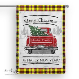 Tartan House Flag Vintage Red Truck with Christmas Tree Family Scottish Clan Jardine Yellow Tartan Flag, Tartan Garden Flag, Tartan House Flag, Tartan Flag, Crest Garden Flag, Garden Flag, Ireland Garden Flag, Family Crest, Custom Flag, Custom Garden Flag, Ireland Custom Flag, Clan Tartan Flags