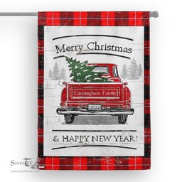 Tartan House Flag Vintage Red Truck with Christmas Tree Family Scottish Clan Cunningham Modern Tartan Flag, Tartan Garden Flag, Tartan House Flag, Tartan Flag, Crest Garden Flag, Garden Flag, Ireland Garden Flag, Family Crest, Custom Flag, Custom Garden Flag, Ireland Custom Flag, Clan Tartan Flags