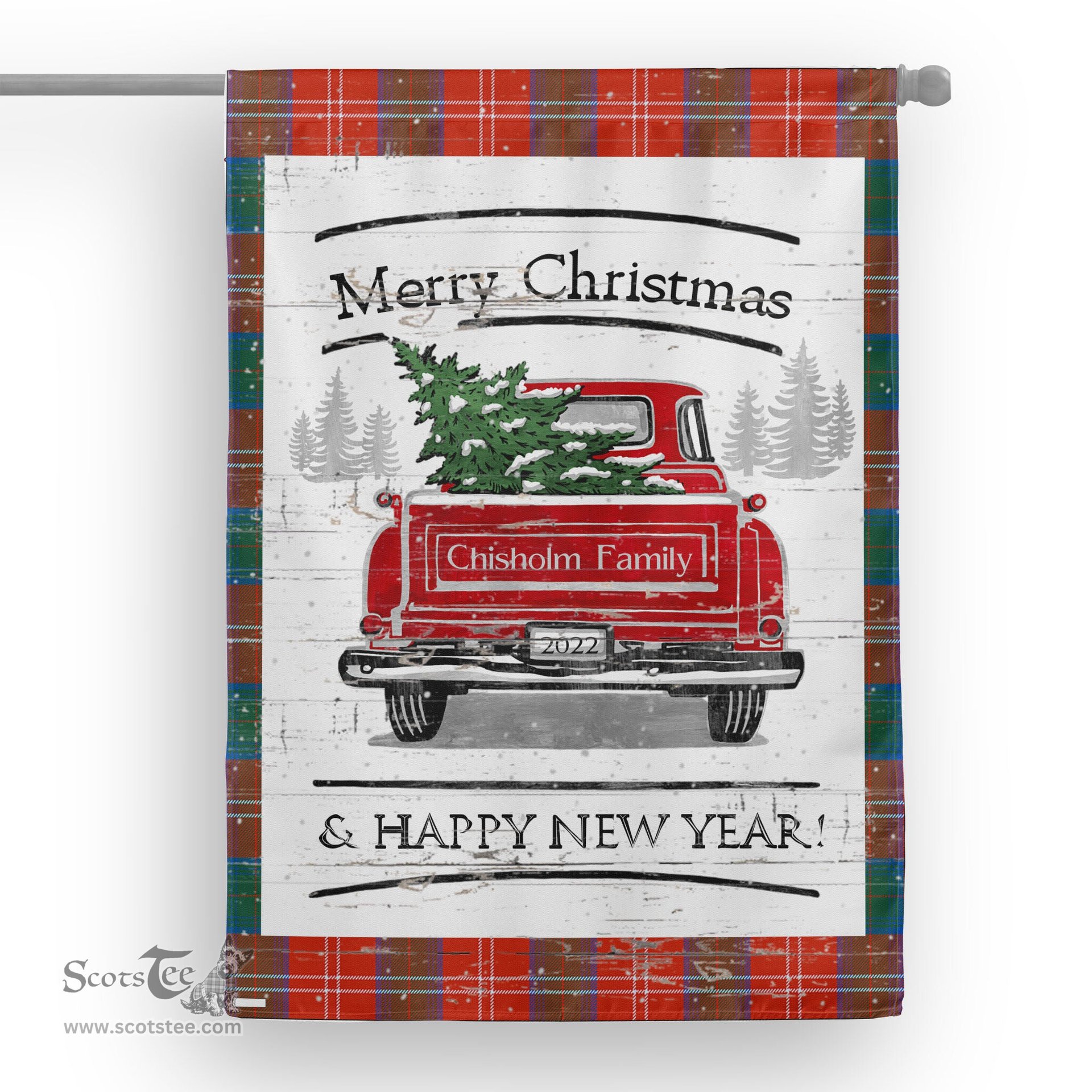 Tartan House Flag Vintage Red Truck with Christmas Tree Family Scottish Clan Chisholm Ancient Tartan Flag, Tartan Garden Flag, Tartan House Flag, Tartan Flag, Crest Garden Flag, Garden Flag, Ireland Garden Flag, Family Crest, Custom Flag, Custom Garden Flag, Ireland Custom Flag, Clan Tartan Flags