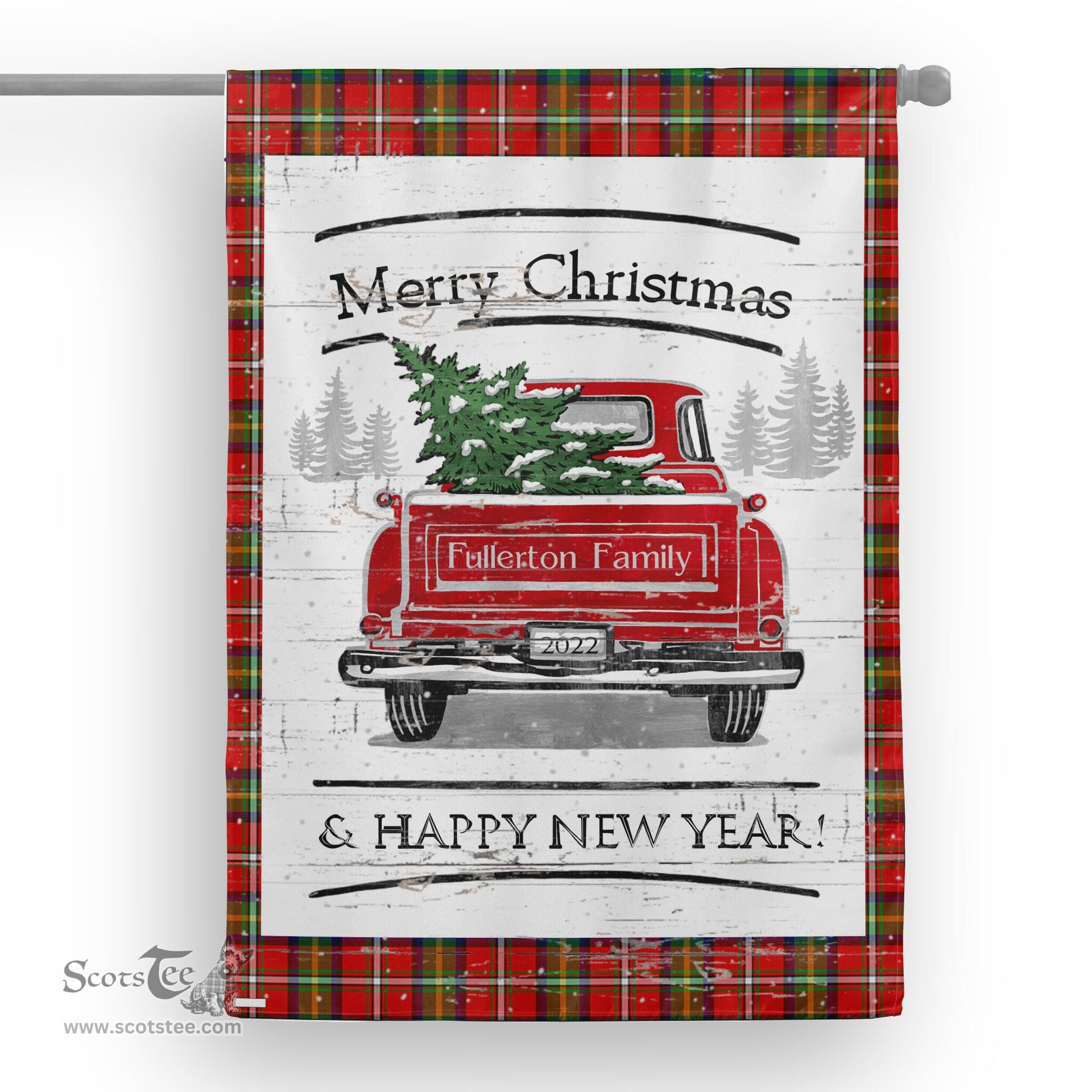 Tartan House Flag Vintage Red Truck with Christmas Tree Family Scottish Clan Fullerton Tartan Flag, Tartan Garden Flag, Tartan House Flag, Tartan Flag, Crest Garden Flag, Garden Flag, Ireland Garden Flag, Family Crest, Custom Flag, Custom Garden Flag, Ireland Custom Flag, Clan Tartan Flags