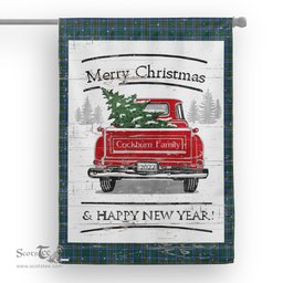 Tartan House Flag Vintage Red Truck with Christmas Tree Family Scottish Clan Cockburn Modern Tartan Flag, Tartan Garden Flag, Tartan House Flag, Tartan Flag, Crest Garden Flag, Garden Flag, Ireland Garden Flag, Family Crest, Custom Flag, Custom Garden Flag, Ireland Custom Flag, Clan Tartan Flags