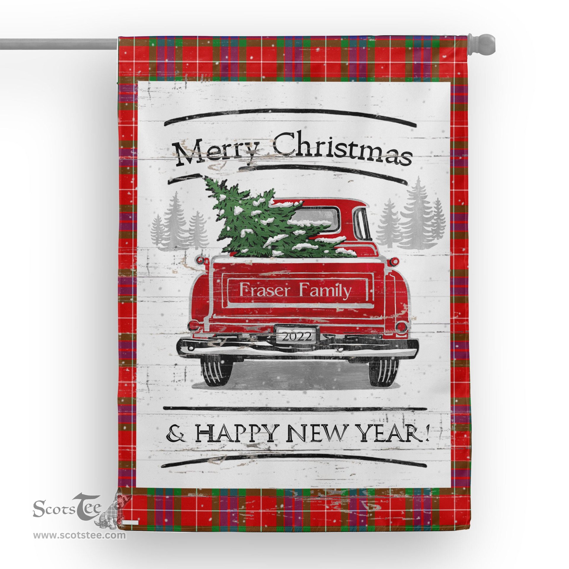 Tartan House Flag Vintage Red Truck with Christmas Tree Family Scottish Clan Fraser Tartan Flag, Tartan Garden Flag, Tartan House Flag, Tartan Flag, Crest Garden Flag, Garden Flag, Ireland Garden Flag, Family Crest, Custom Flag, Custom Garden Flag, Ireland Custom Flag, Clan Tartan Flags