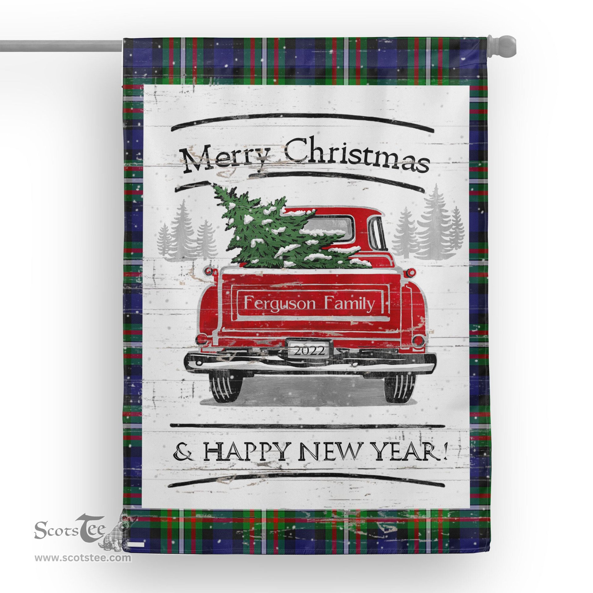 Tartan House Flag Vintage Red Truck with Christmas Tree Family Scottish Clan Ferguson Modern Tartan Flag, Tartan Garden Flag, Tartan House Flag, Tartan Flag, Crest Garden Flag, Garden Flag, Ireland Garden Flag, Family Crest, Custom Flag, Custom Garden Flag, Ireland Custom Flag, Clan Tartan Flags