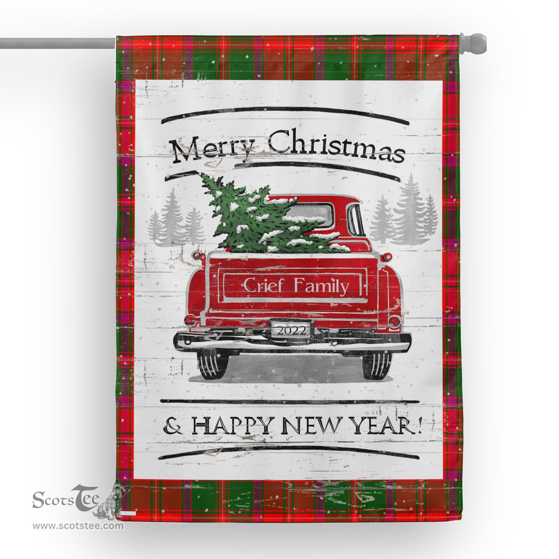 Tartan House Flag Vintage Red Truck with Christmas Tree Family Scottish Clan Crief District Tartan Flag, Tartan Garden Flag, Tartan House Flag, Tartan Flag, Crest Garden Flag, Garden Flag, Ireland Garden Flag, Family Crest, Custom Flag, Custom Garden Flag, Ireland Custom Flag, Clan Tartan Flags