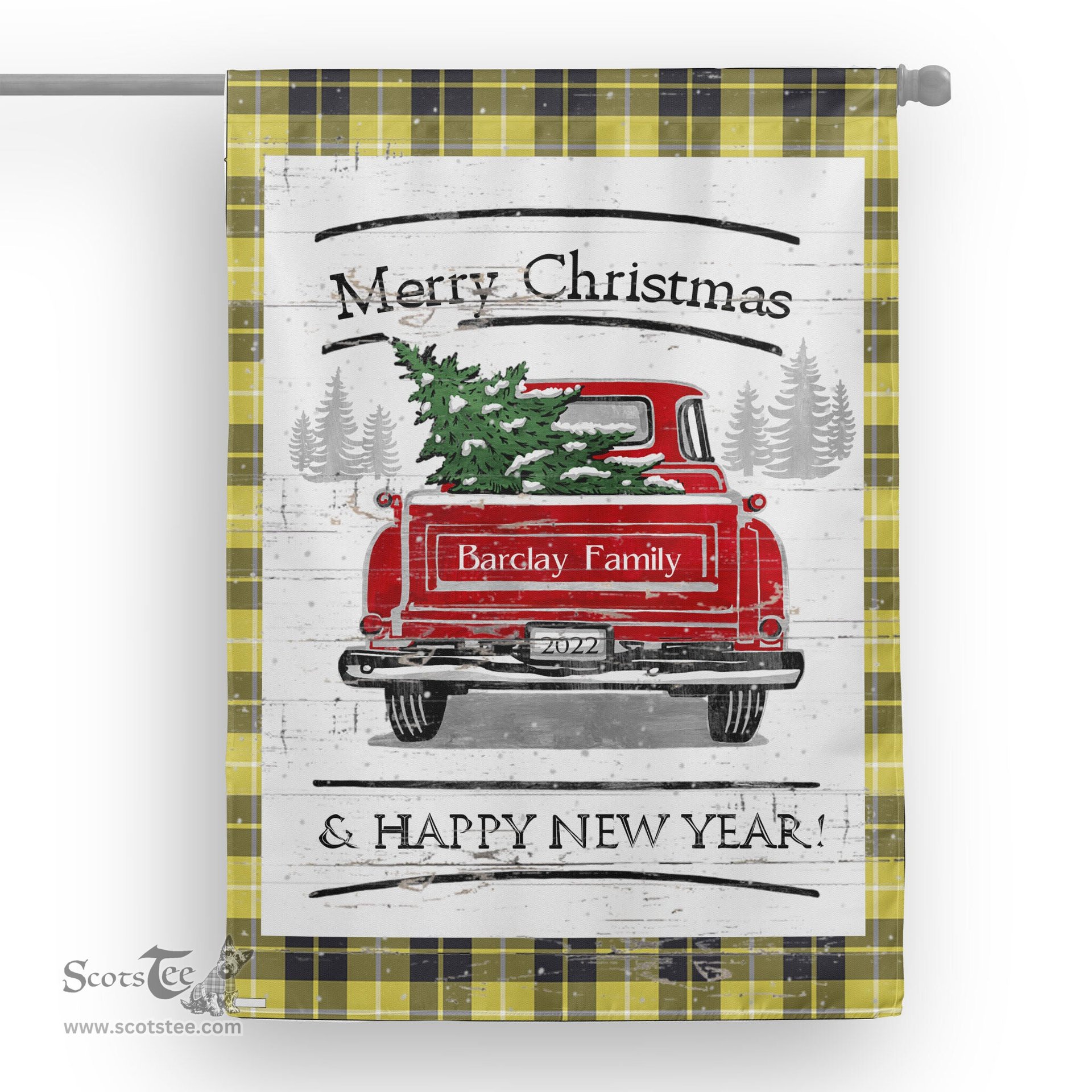 Tartan House Flag Vintage Red Truck with Christmas Tree Family Scottish Clan Barclay Dress Modern Tartan Flag, Tartan Garden Flag, Tartan House Flag, Tartan Flag, Crest Garden Flag, Garden Flag, Ireland Garden Flag, Family Crest, Custom Flag, Custom Garden Flag, Ireland Custom Flag, Clan Tartan Flags