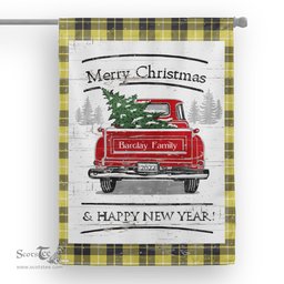 Tartan House Flag Vintage Red Truck with Christmas Tree Family Scottish Clan Barclay Dress Modern Tartan Flag, Tartan Garden Flag, Tartan House Flag, Tartan Flag, Crest Garden Flag, Garden Flag, Ireland Garden Flag, Family Crest, Custom Flag, Custom Garden Flag, Ireland Custom Flag, Clan Tartan Flags