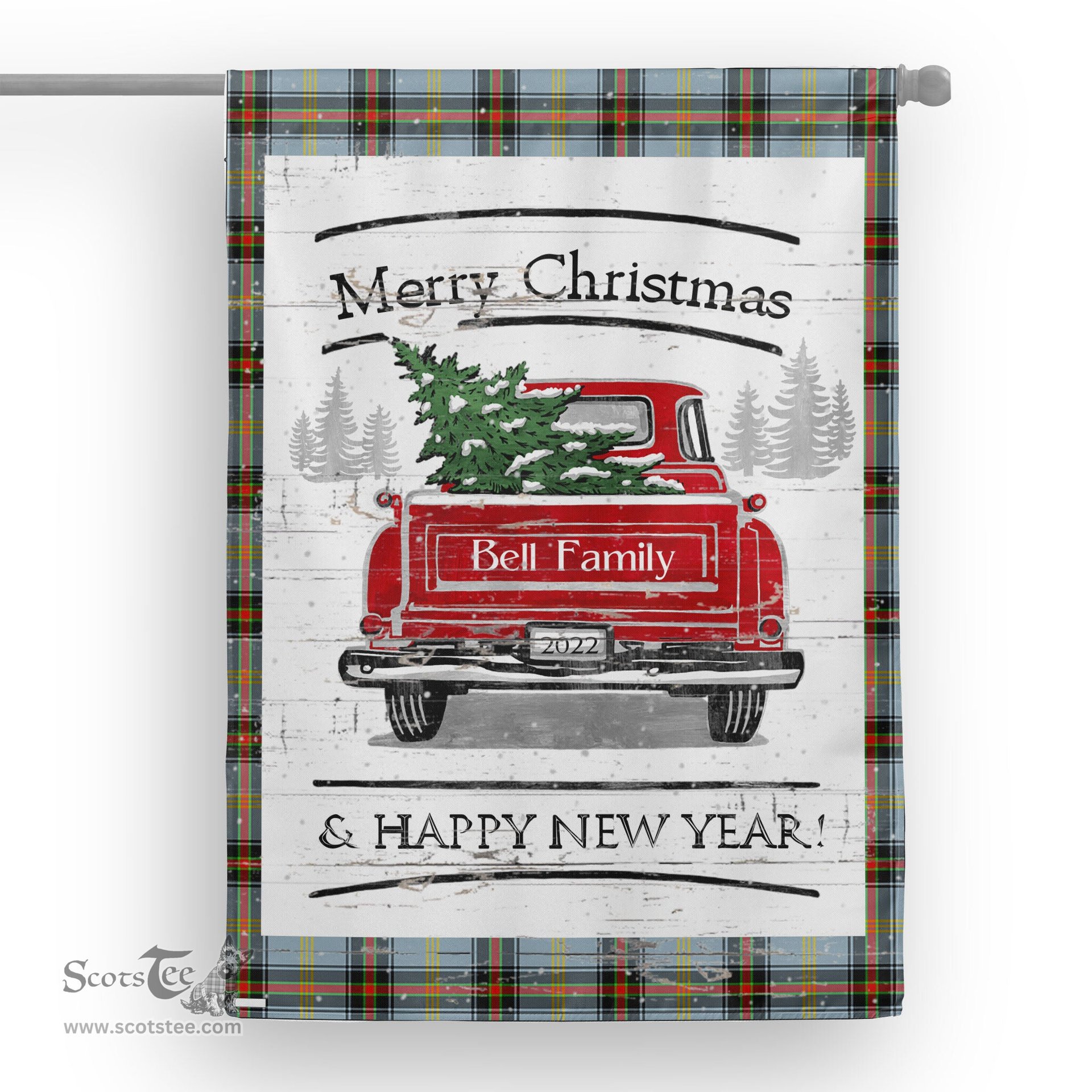 Tartan House Flag Vintage Red Truck with Christmas Tree Family Scottish Clan Bell Tartan Flag, Tartan Garden Flag, Tartan House Flag, Tartan Flag, Crest Garden Flag, Garden Flag, Ireland Garden Flag, Family Crest, Custom Flag, Custom Garden Flag, Ireland Custom Flag, Clan Tartan Flags