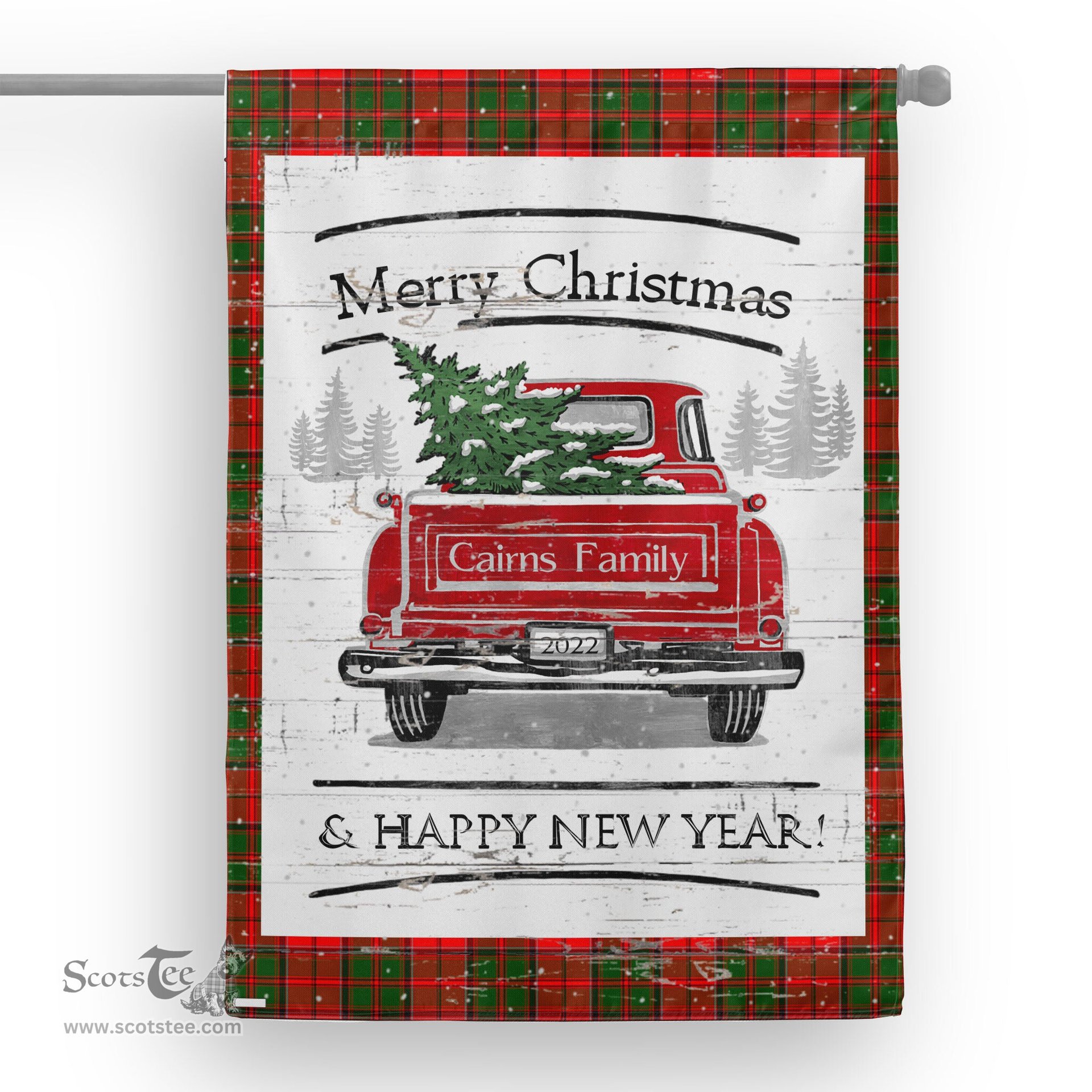 Tartan House Flag Vintage Red Truck with Christmas Tree Family Scottish Clan Cairns Tartan House Flag
