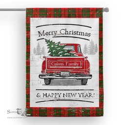 Tartan House Flag Vintage Red Truck with Christmas Tree Family Scottish Clan Cairns Tartan House Flag