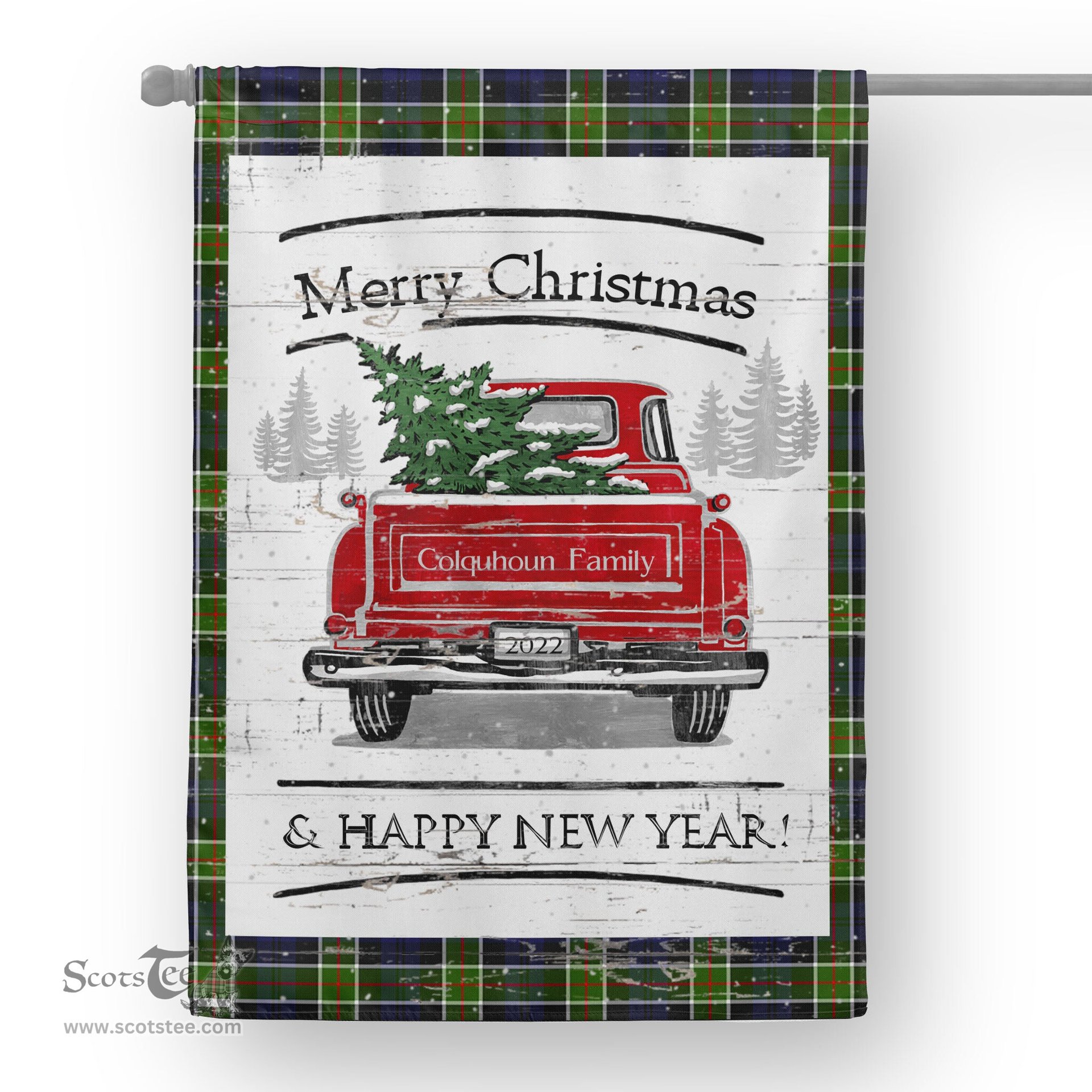 Tartan House Flag Vintage Red Truck with Christmas Tree Family Scottish Clan Colquhoun Modern Tartan Flag, Tartan Garden Flag, Tartan House Flag, Tartan Flag, Crest Garden Flag, Garden Flag, Ireland Garden Flag, Family Crest, Custom Flag, Custom Garden Flag, Ireland Custom Flag, Clan Tartan Flags
