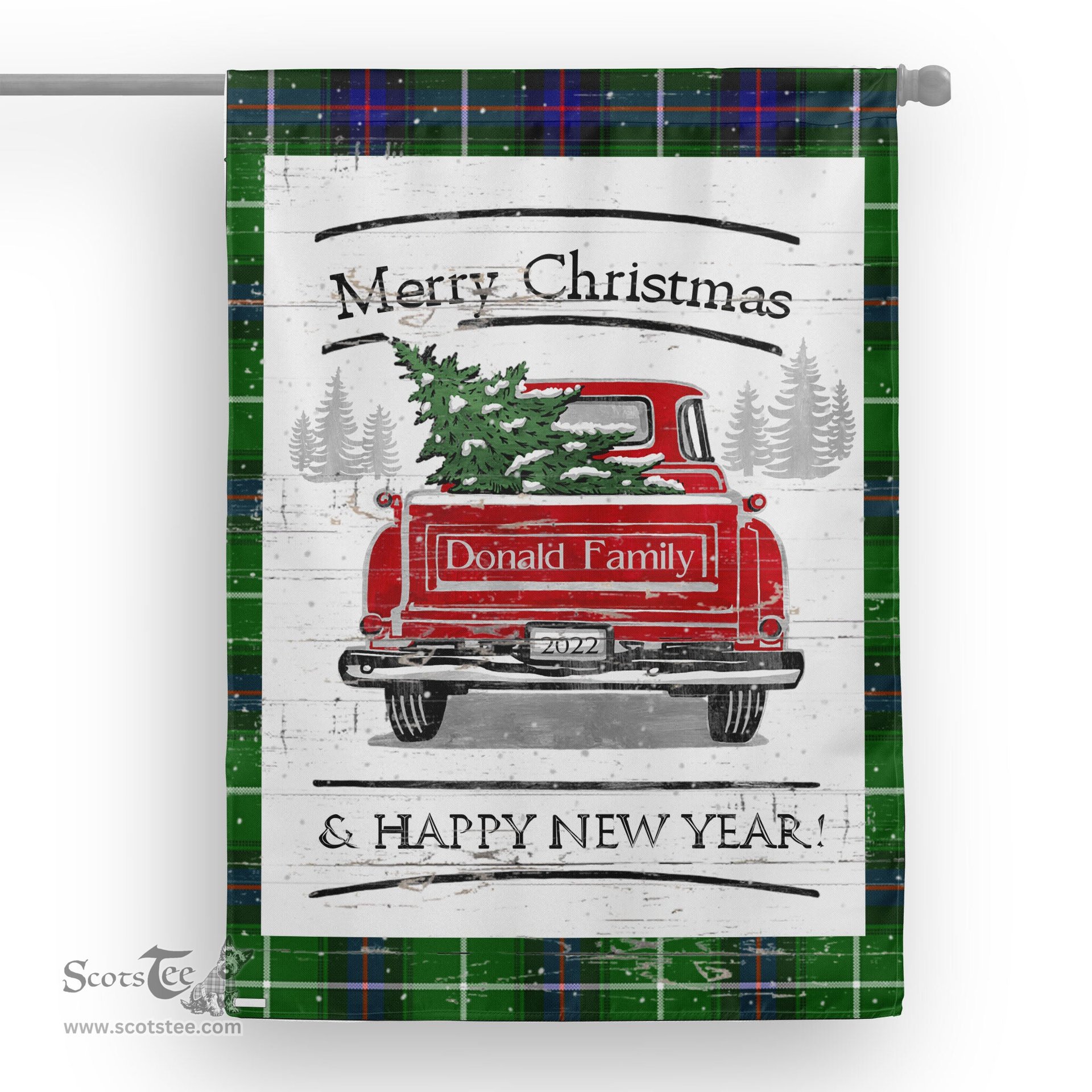 Tartan House Flag Vintage Red Truck with Christmas Tree Family Scottish Clan Donald MacDonald Tartan Flag, Tartan Garden Flag, Tartan House Flag, Tartan Flag, Crest Garden Flag, Garden Flag, Ireland Garden Flag, Family Crest, Custom Flag, Custom Garden Flag, Ireland Custom Flag, Clan Tartan Flags
