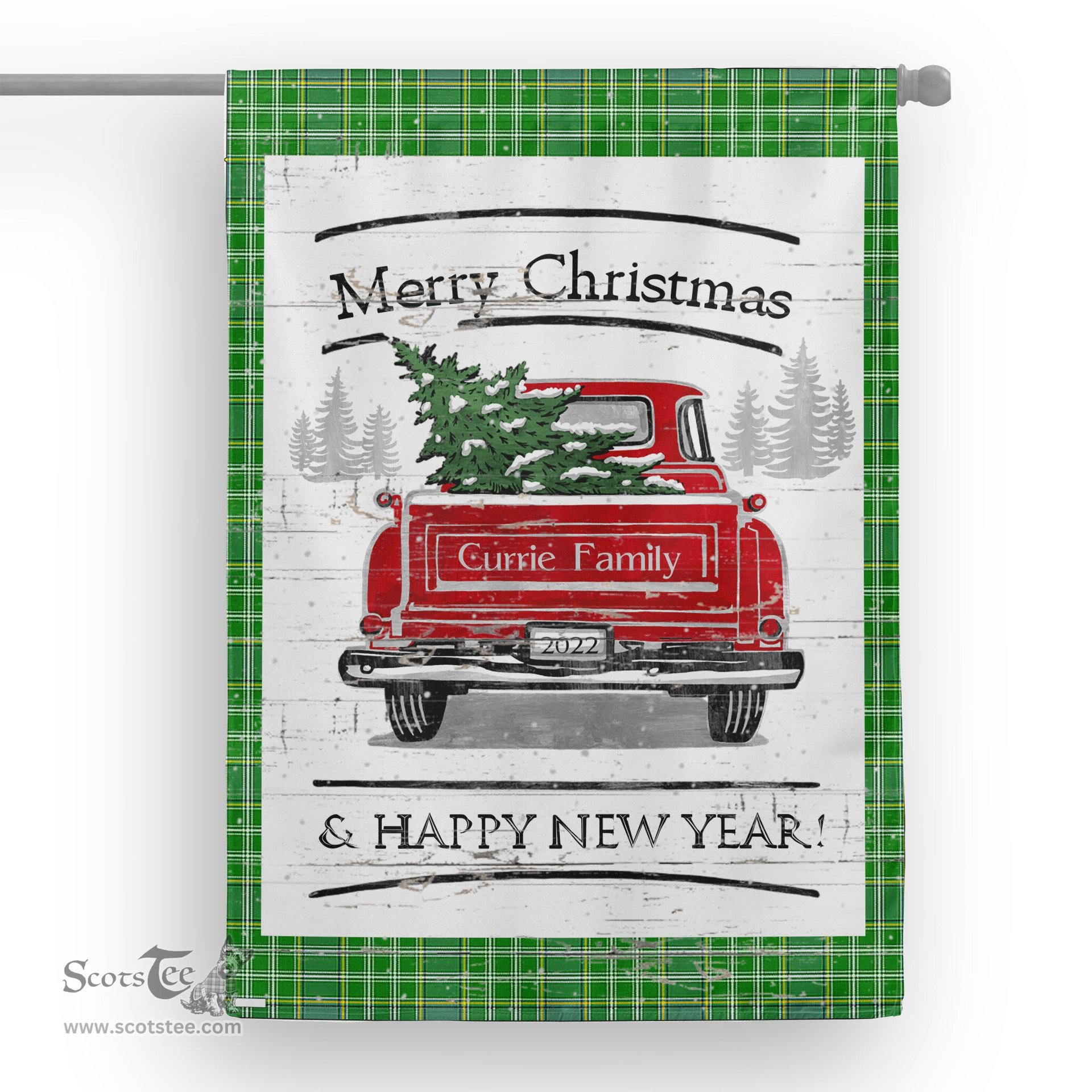 Tartan House Flag Vintage Red Truck with Christmas Tree Family Scottish Clan Currie Tartan Flag, Tartan Garden Flag, Tartan House Flag, Tartan Flag, Crest Garden Flag, Garden Flag, Ireland Garden Flag, Family Crest, Custom Flag, Custom Garden Flag, Ireland Custom Flag, Clan Tartan Flags
