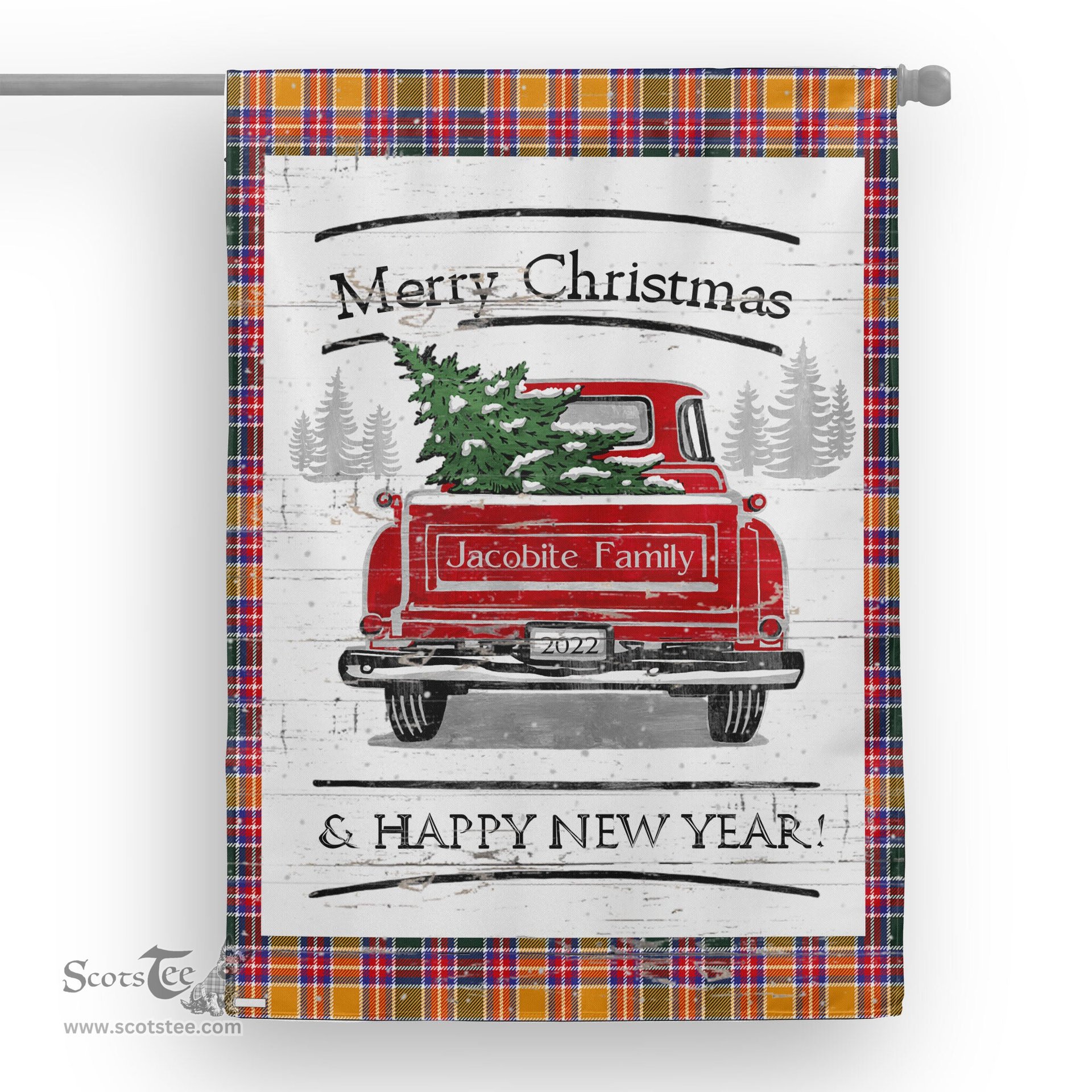 Tartan House Flag Vintage Red Truck with Christmas Tree Family Scottish Clan Jacobite Tartan Flag, Tartan Garden Flag, Tartan House Flag, Tartan Flag, Crest Garden Flag, Garden Flag, Ireland Garden Flag, Family Crest, Custom Flag, Custom Garden Flag, Ireland Custom Flag, Clan Tartan Flags