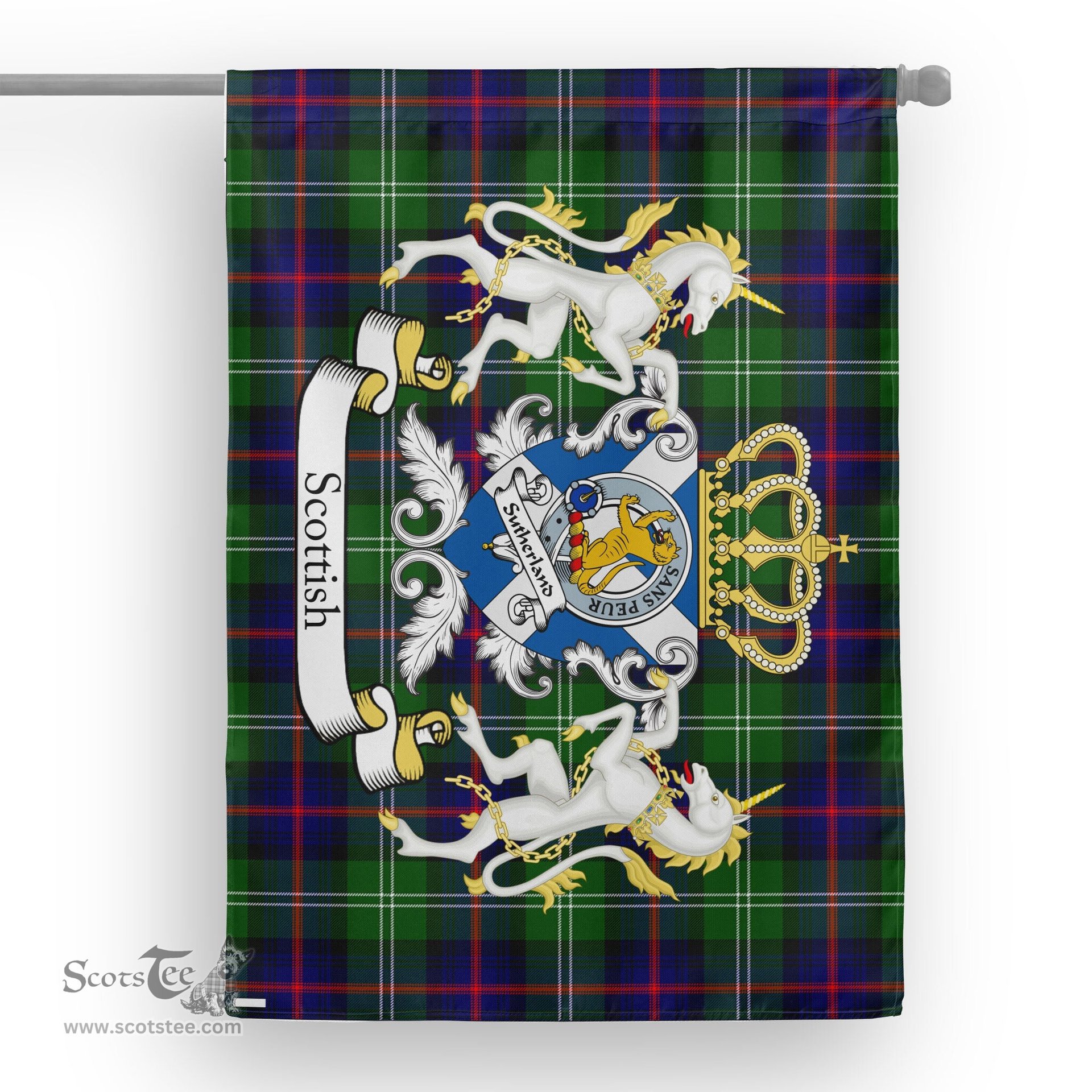 Scotstee Shop Tartan Garden Flag Sutherland Tartan Flag Clan Badge With Lion Scottish Tartan House Flag
