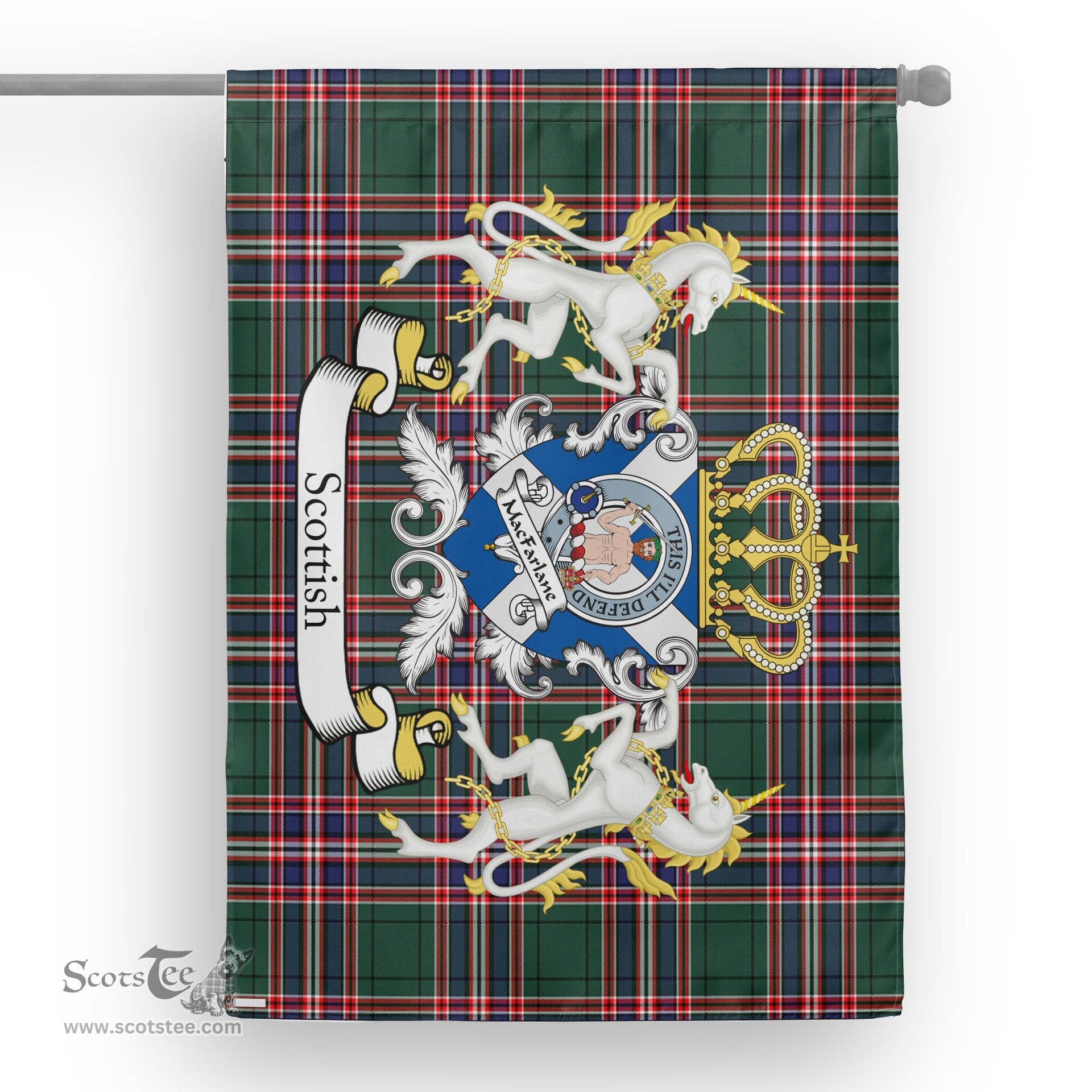 Scotstee Shop Tartan Garden Flag MacFarlane Tartan Flag Clan Badge With Lion Scottish Tartan House Flag
