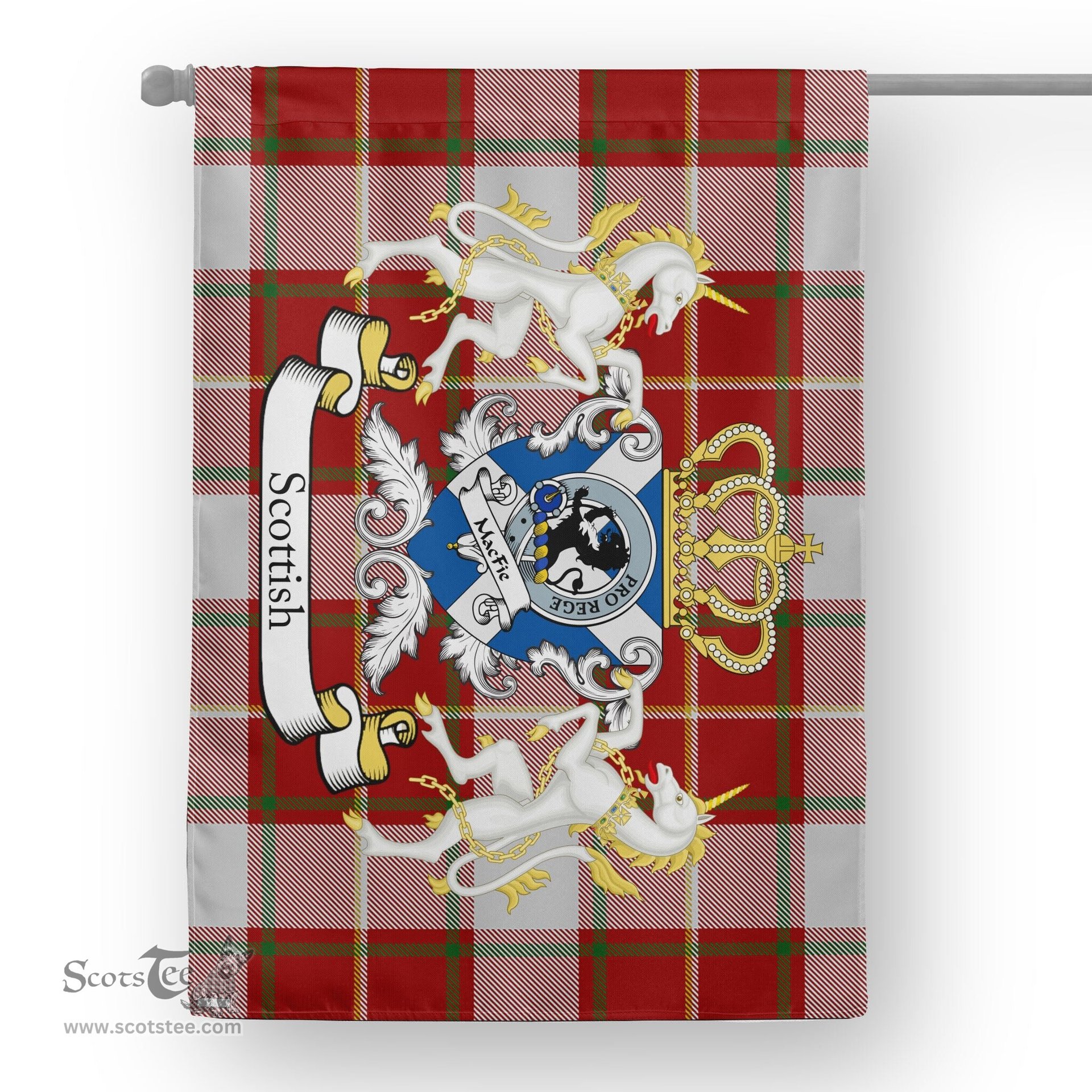 Scotstee Shop Tartan Garden Flag MacFie Tartan Flag Clan Badge With Lion Scottish Tartan House Flag