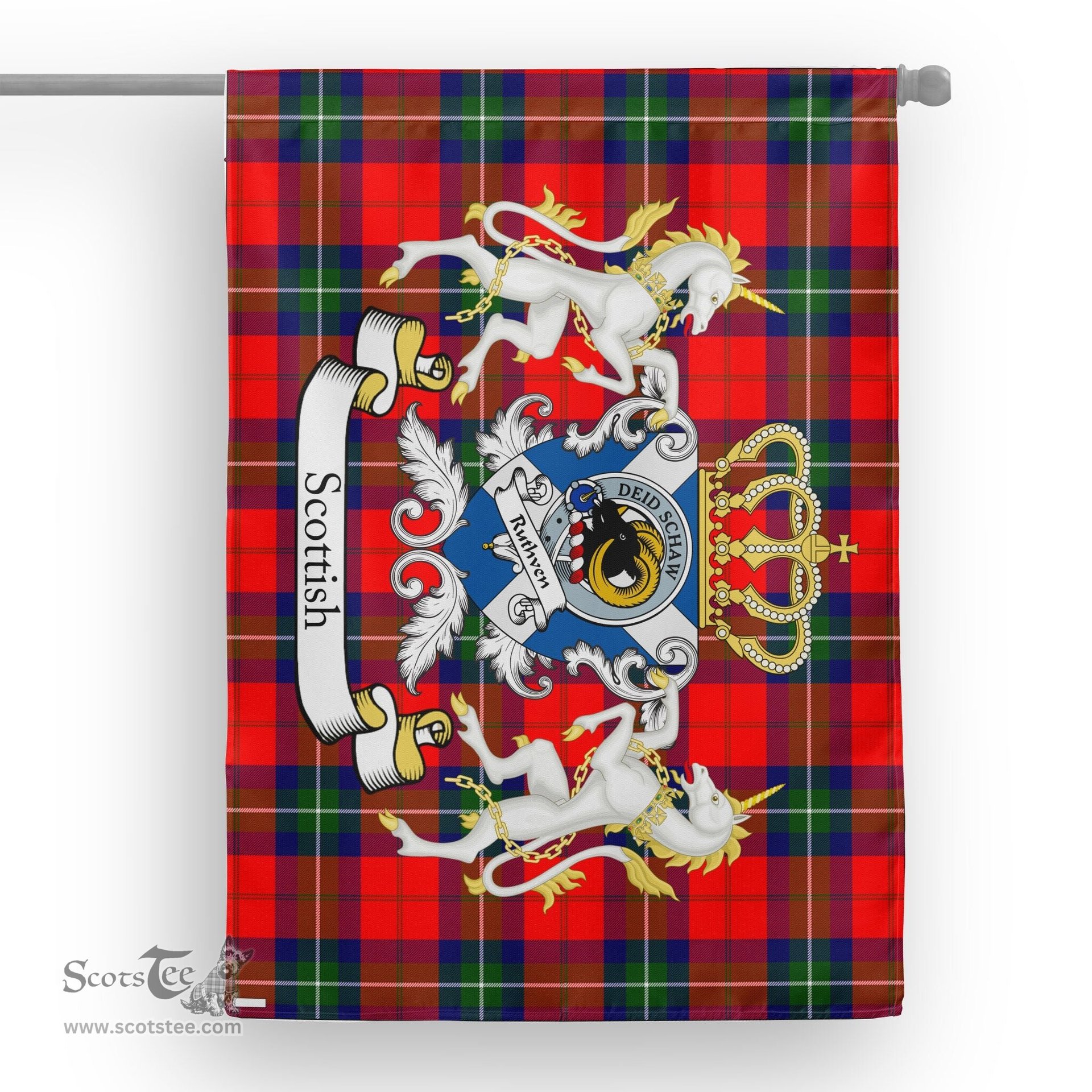 Scotstee Shop Tartan Garden Flag Ruthven Tartan Flag Clan Badge With Lion Scottish Tartan House Flag