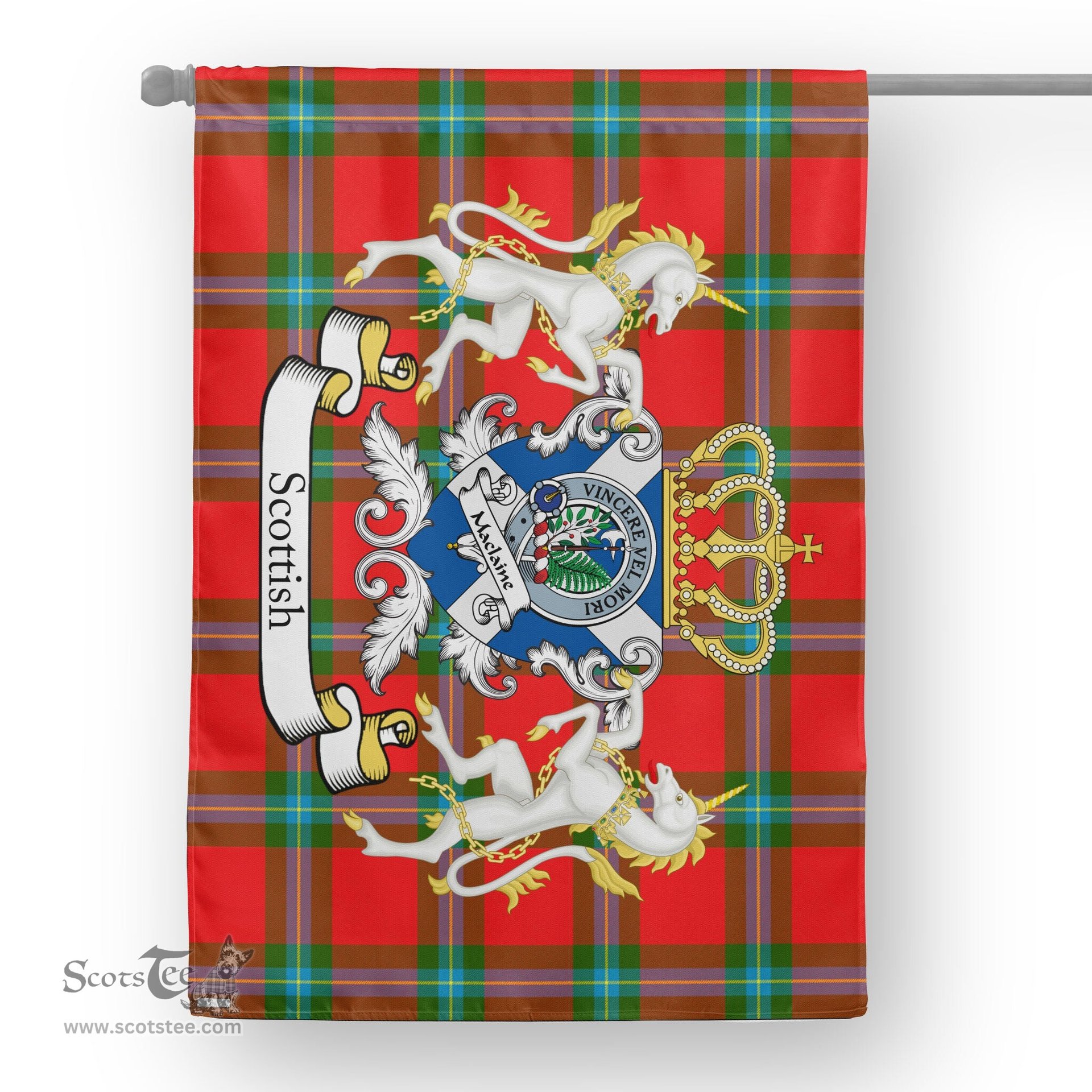 Scotstee Shop Tartan Garden Flag MacLaine of Lochbuie Tartan Flag Clan Badge With Lion Scottish Tartan House Flag