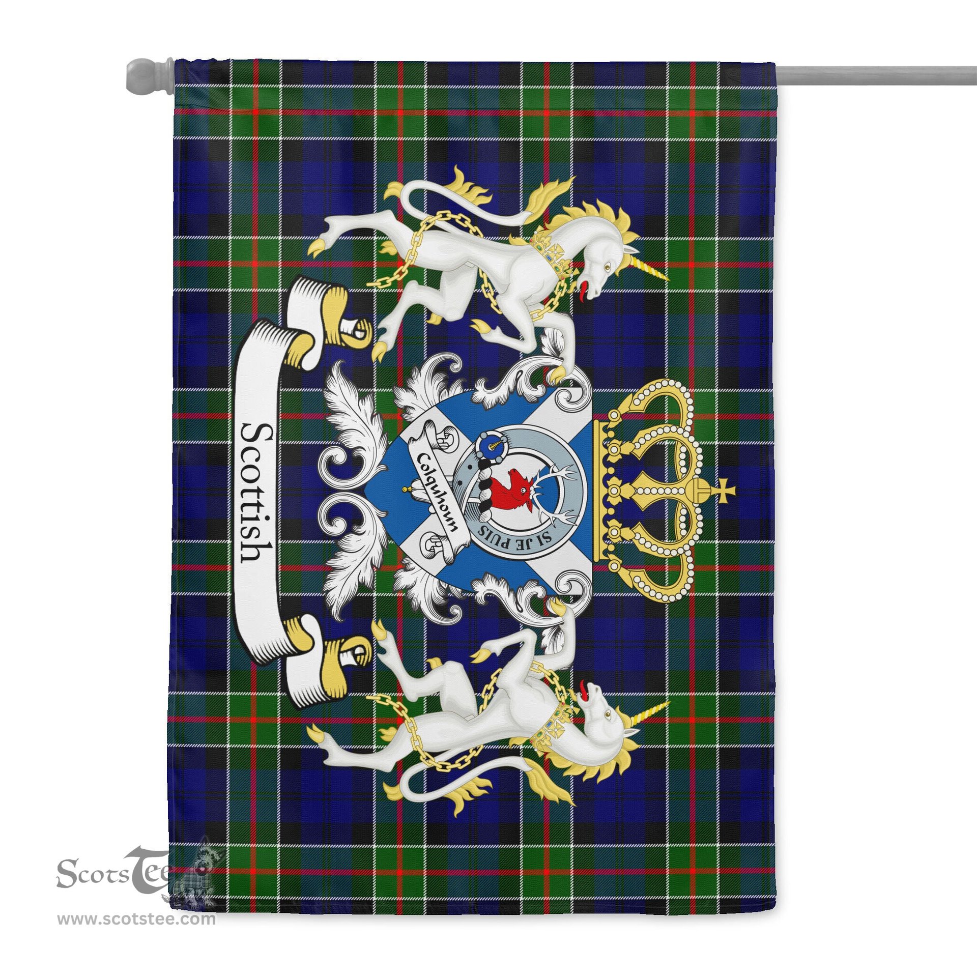 Scotstee Shop - Scotstee Shop Tartan Garden Flag Colquhoun Tartan Flag Clan Badge Lion Scottish Tartan House Flag