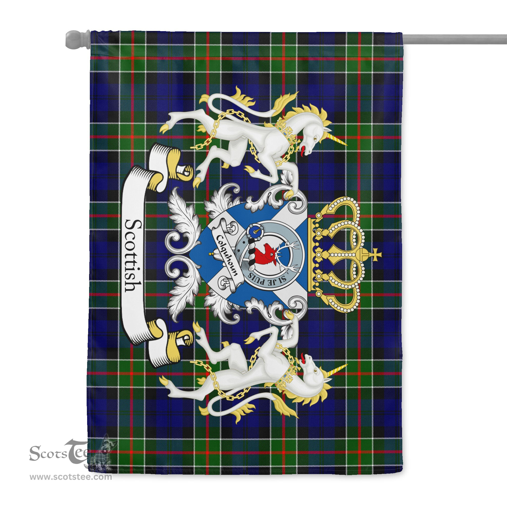 Scotstee Shop - Scotstee Shop Tartan Garden Flag Colquhoun Tartan Flag Clan Badge Lion Scottish Tartan House Flag