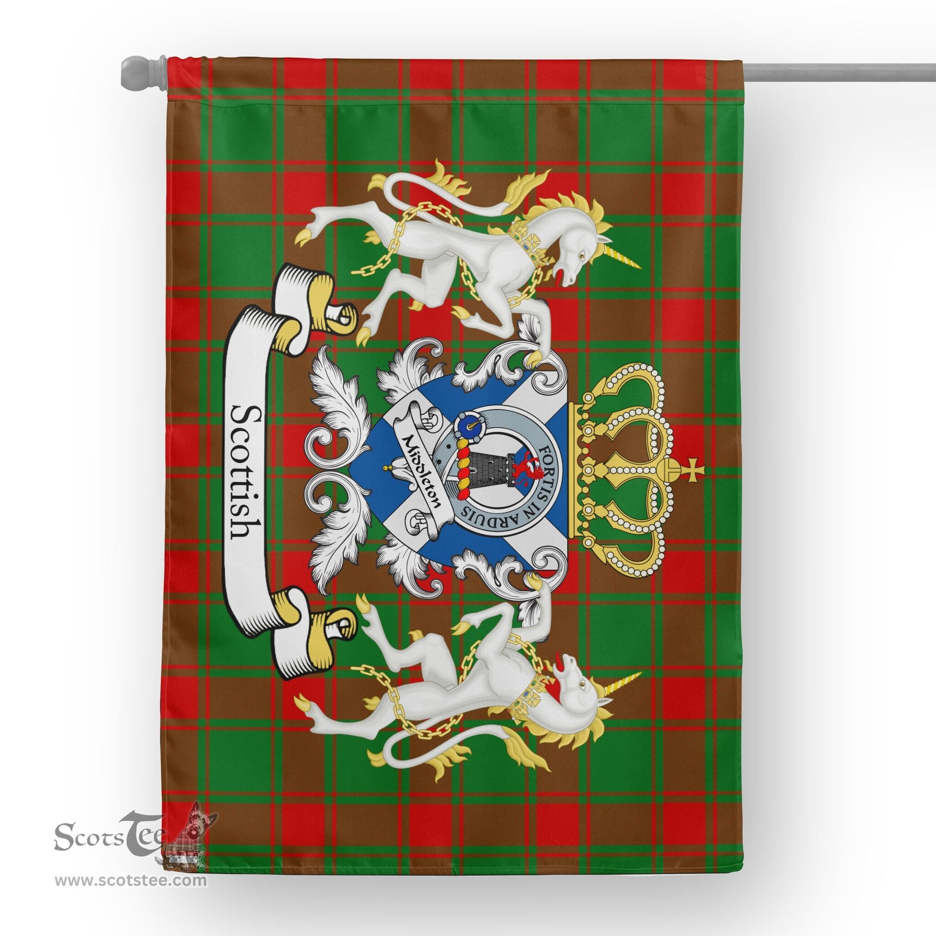 Scotstee Shop Tartan Garden Flag Middleton Tartan Flag Clan Badge With Lion Scottish Tartan House Flag