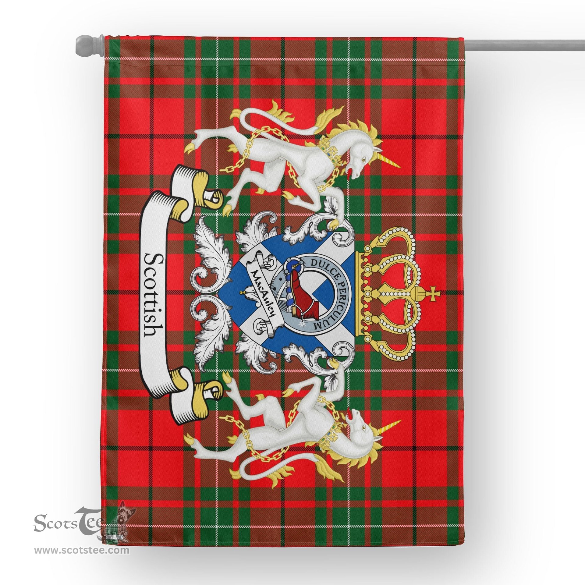 Scotstee Shop Tartan Garden Flag MacAuley Tartan Flag Clan Badge With Lion Scottish Tartan House Flag