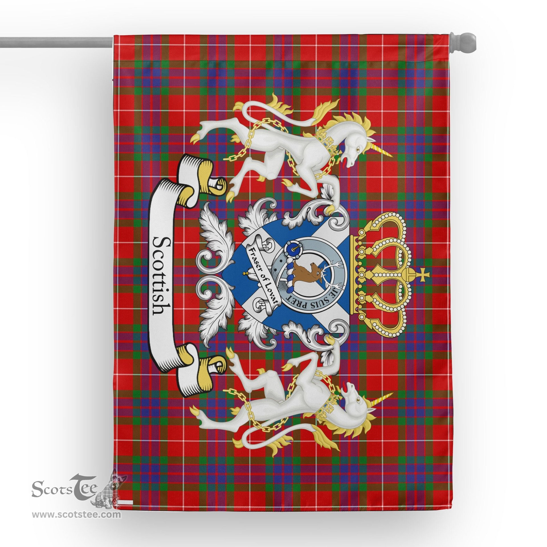 Scotstee Shop Tartan Garden Flag Fraser of Lovat Tartan Flag Clan Badge With Lion Scottish Tartan House Flag