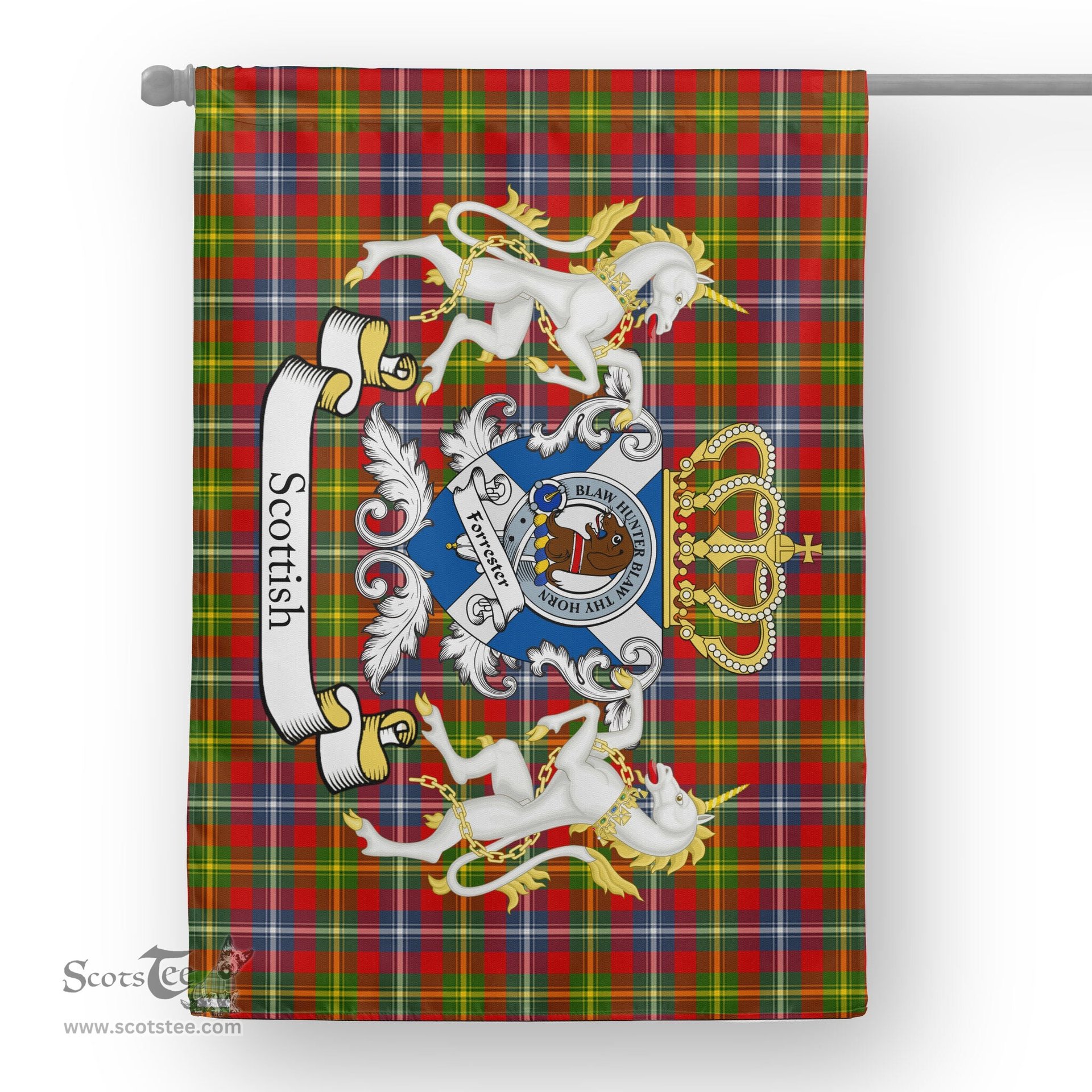 Scotstee Shop Tartan Garden Flag Forrester Tartan Flag Clan Badge With Lion Scottish Tartan House Flag