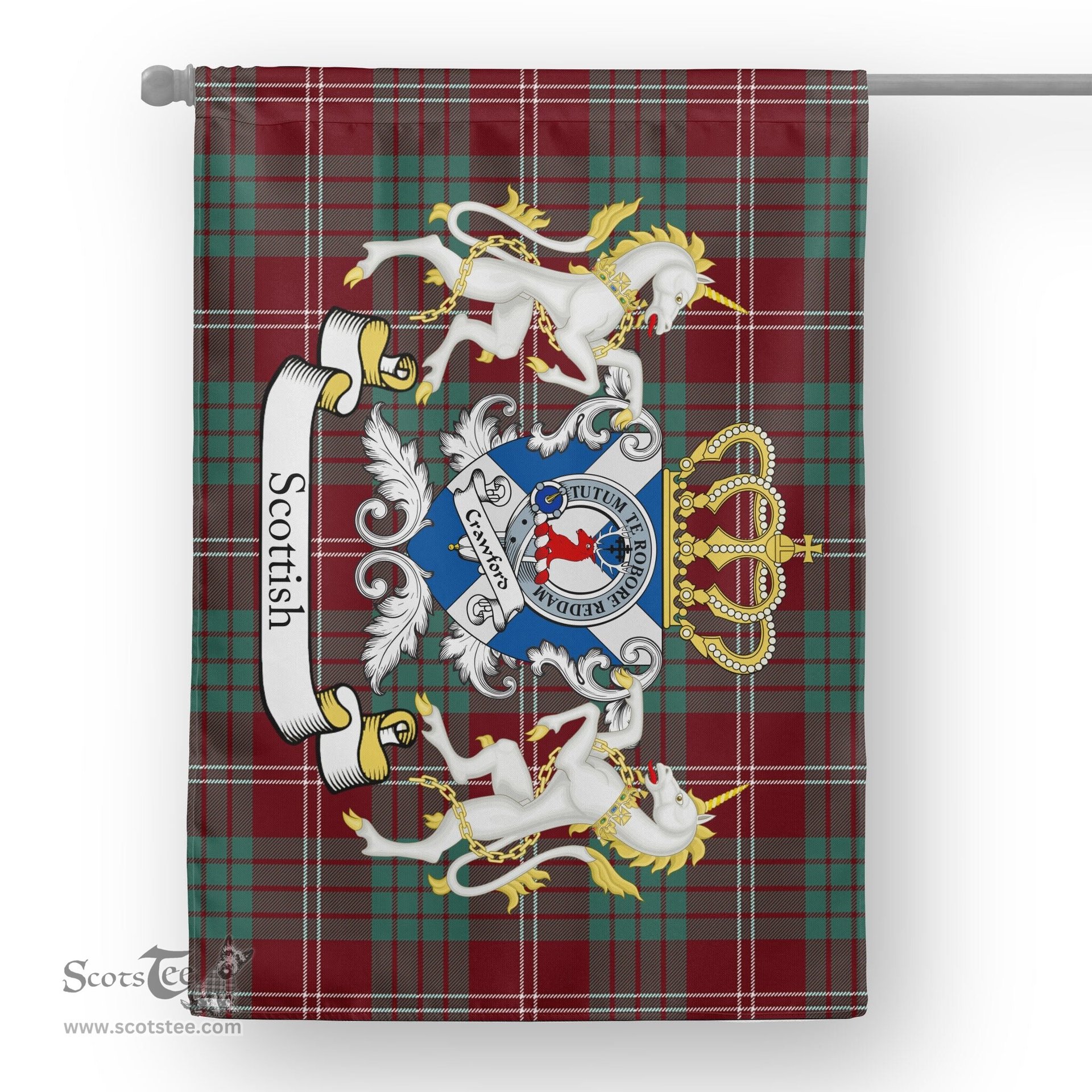 Scotstee Shop Tartan Garden Flag Crawford Tartan Flag Clan Badge With Lion Scottish Tartan House Flag