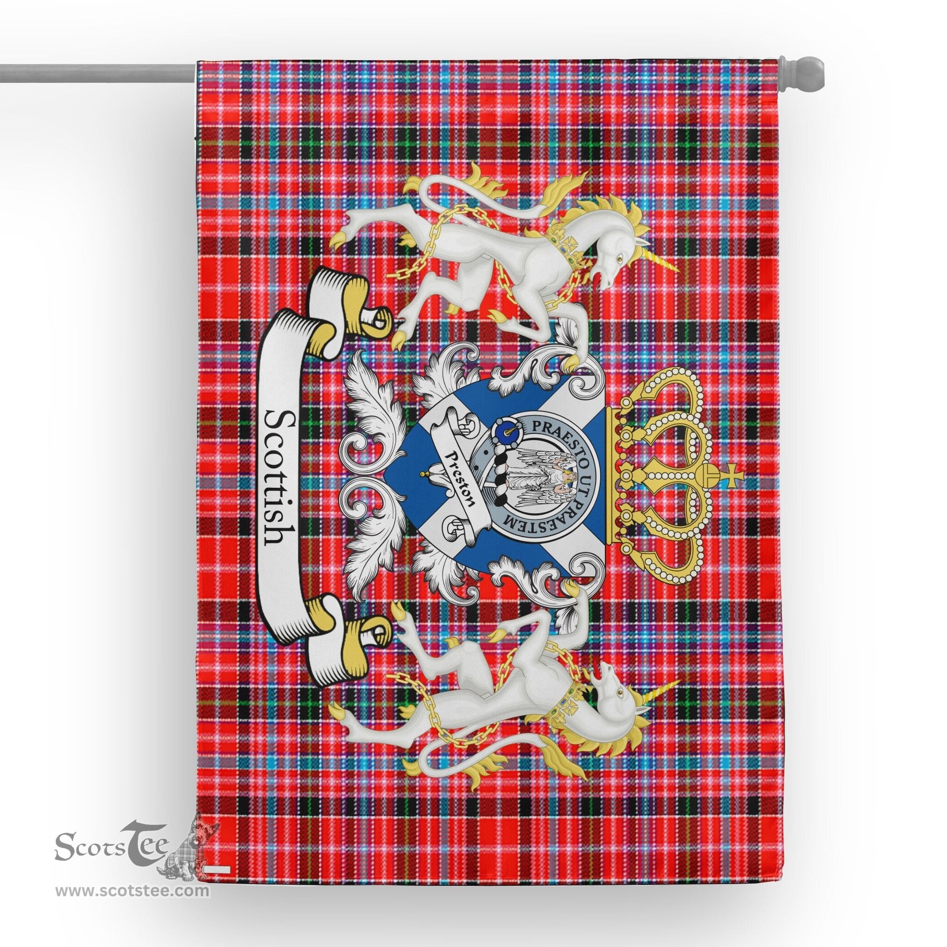 Scotstee Shop Tartan Garden Flag Preston Tartan Flag Clan Badge With Lion Scottish Tartan House Flag