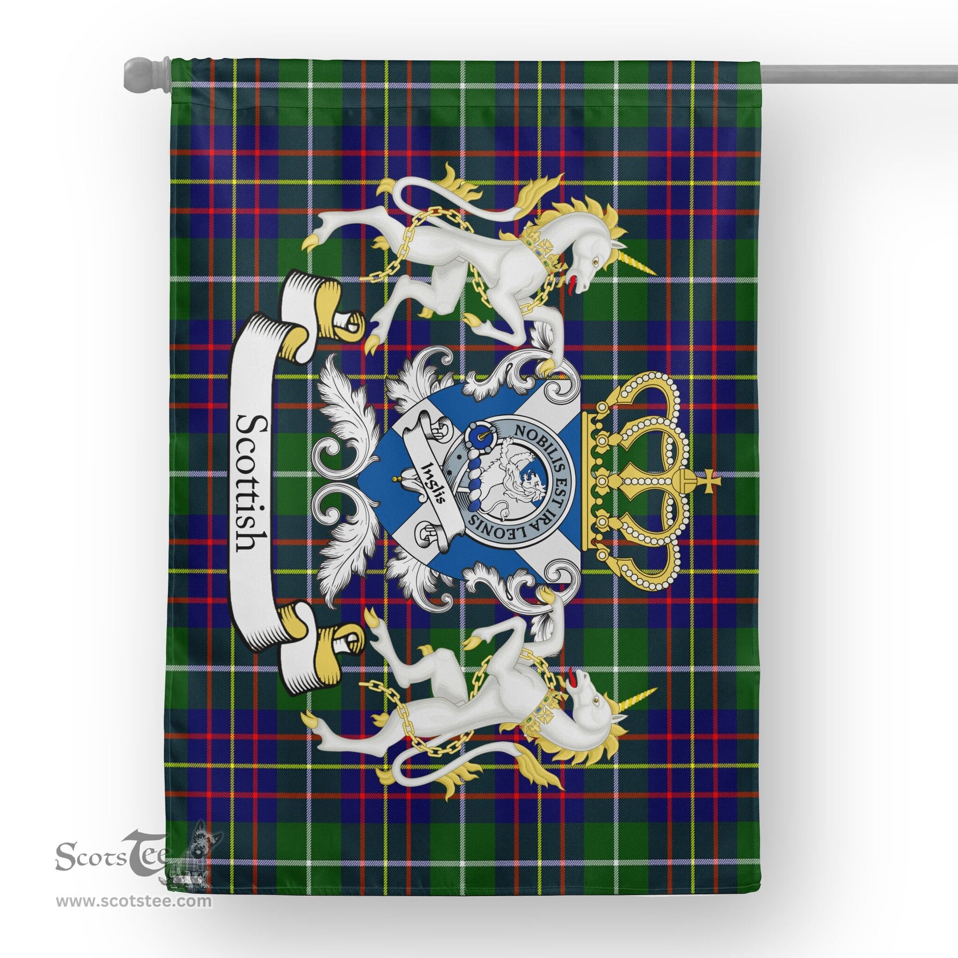 Scotstee Shop Tartan Garden Flag Inglis Tartan Flag Clan Badge With Lion Scottish Tartan House Flag