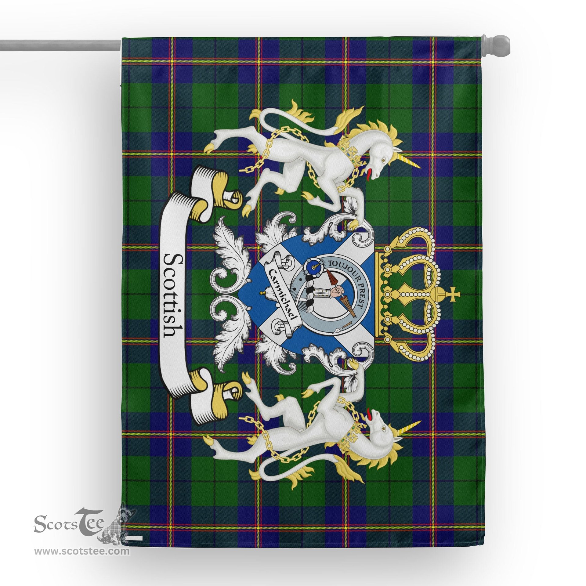 Scotstee Shop Tartan Garden Flag Carmichael Tartan Flag Clan Badge With Lion Scottish Tartan House Flag