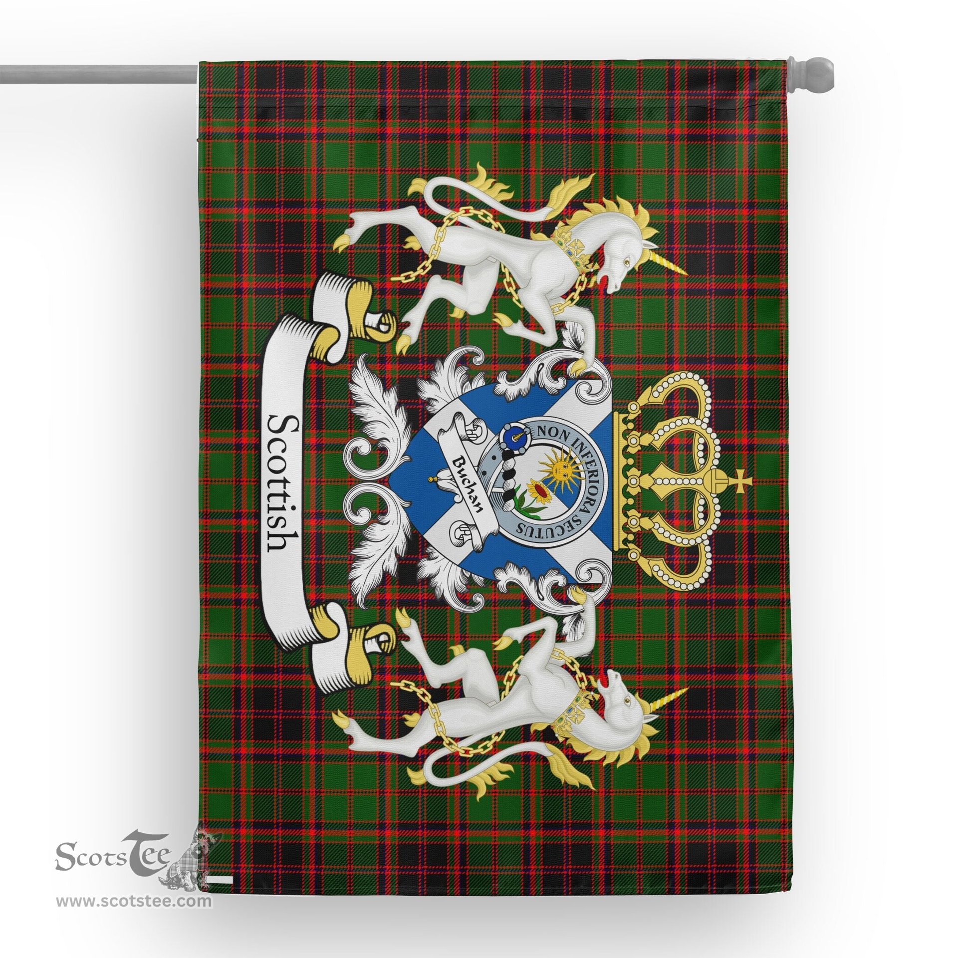 Scotstee Shop Tartan Garden Flag Buchan Tartan Flag Clan Badge With Lion Scottish Tartan House Flag