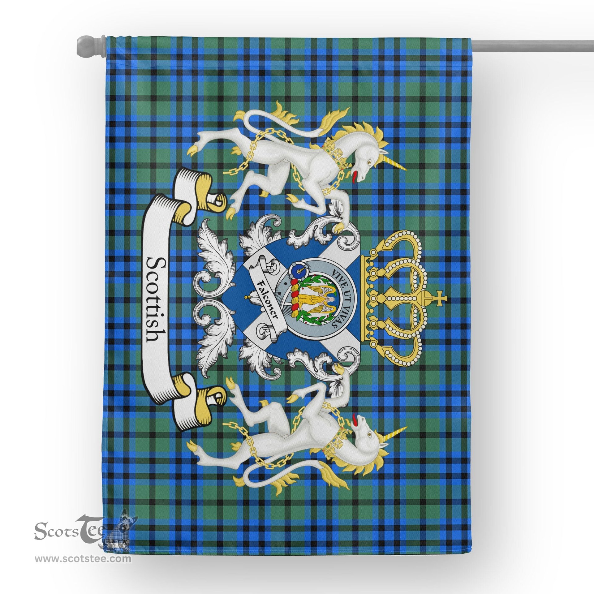 Scotstee Shop Tartan Garden Flag Falconer Tartan Flag Clan Badge With Lion Scottish Tartan House Flag