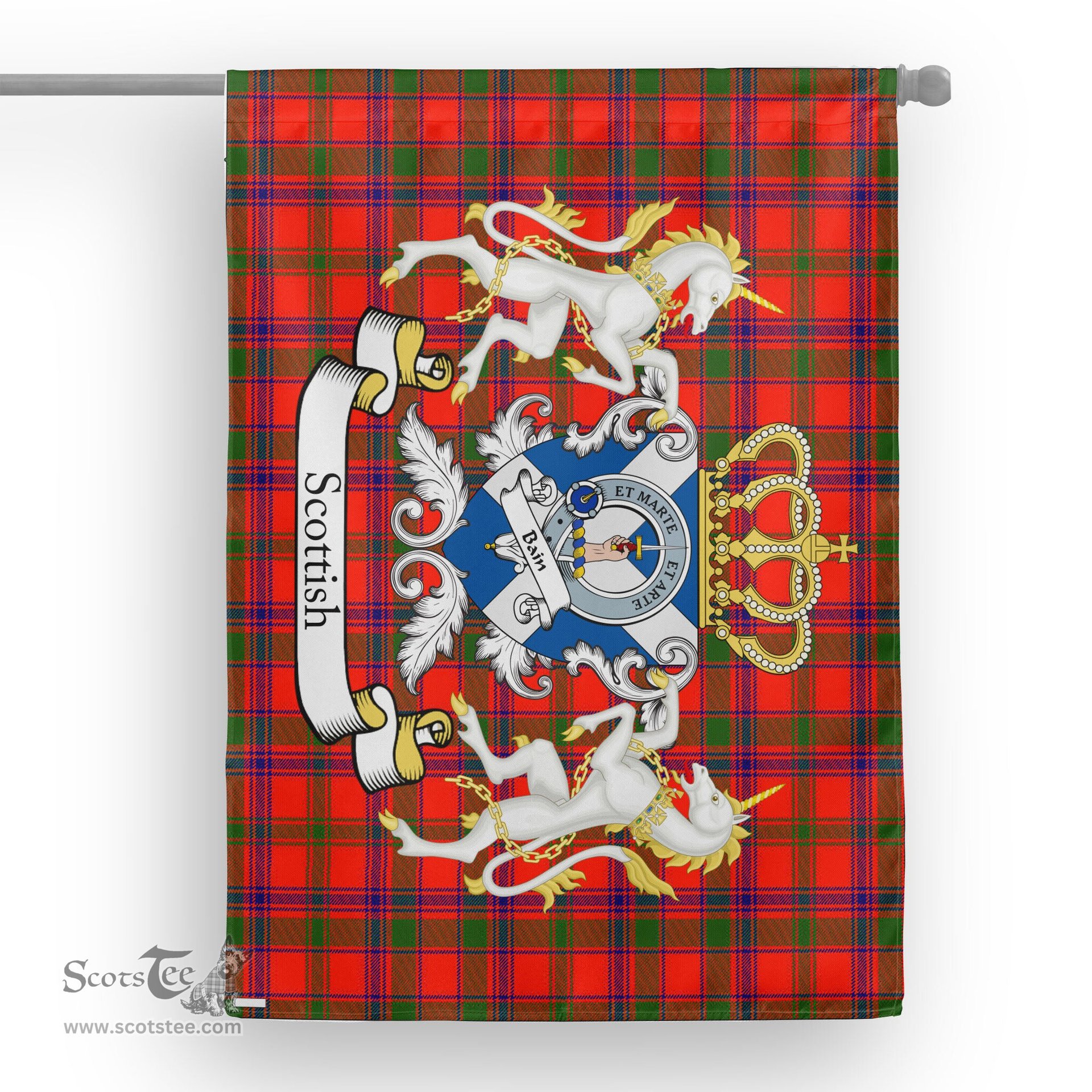 Scotstee Shop Tartan Garden Flag Bain Tartan Flag Clan Badge With Lion Scottish Tartan House Flag